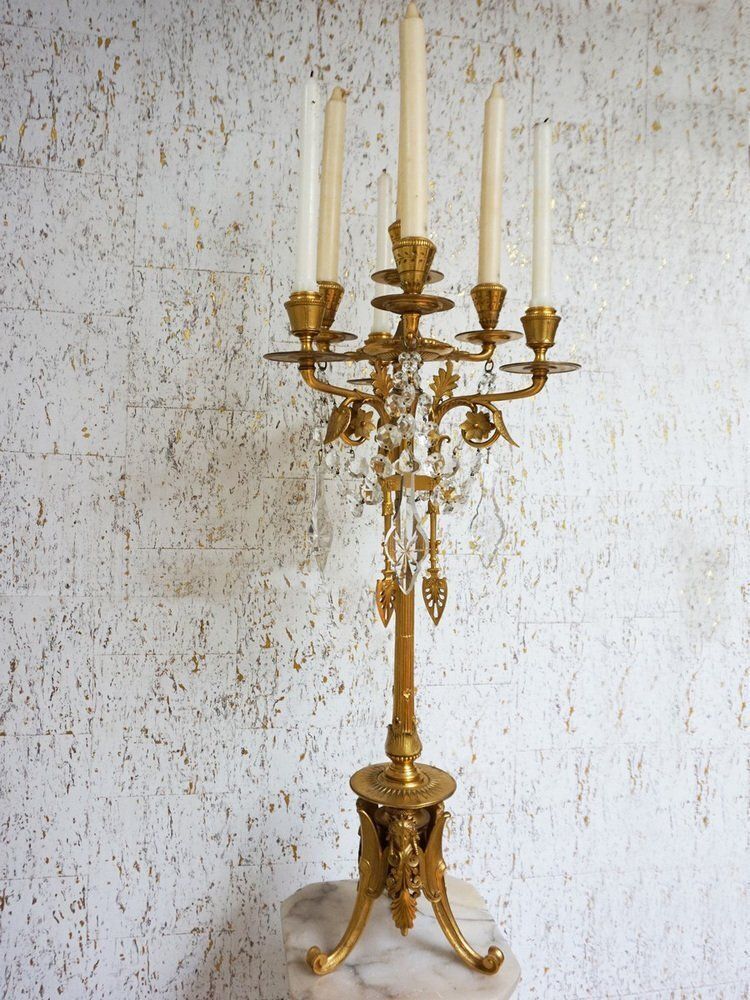 French Empire Neoclassical 7 Light Candelabra In Gilt Bronze And Crystal