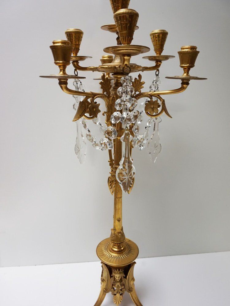 photo furniture French Empire Neoclassical 7 Light Candelabra In Gilt Bronze And Crystal