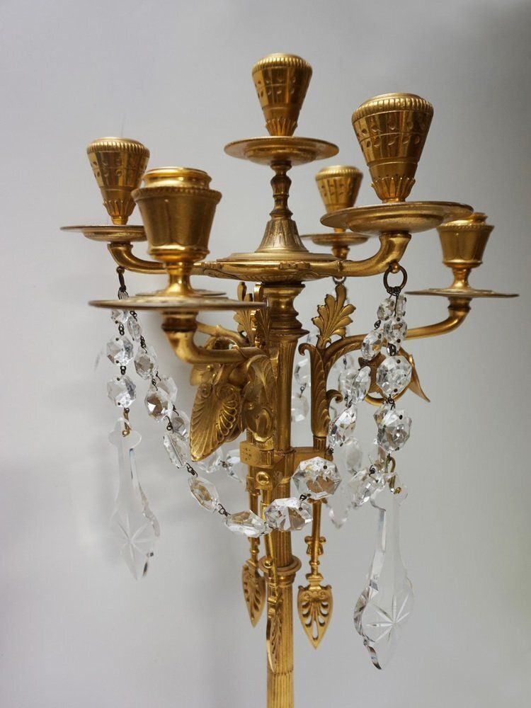 photo for sale French Empire Neoclassical 7 Light Candelabra In Gilt Bronze And Crystal