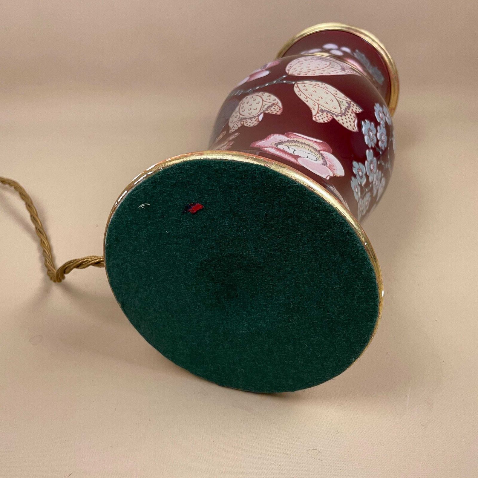 photo for sale Antique Glass Gold Red Floral Patterned Lamp Light Bedside Side Table Decoupage Desk Vase Ornate Round Base Vintage Boudoir Accent Wood