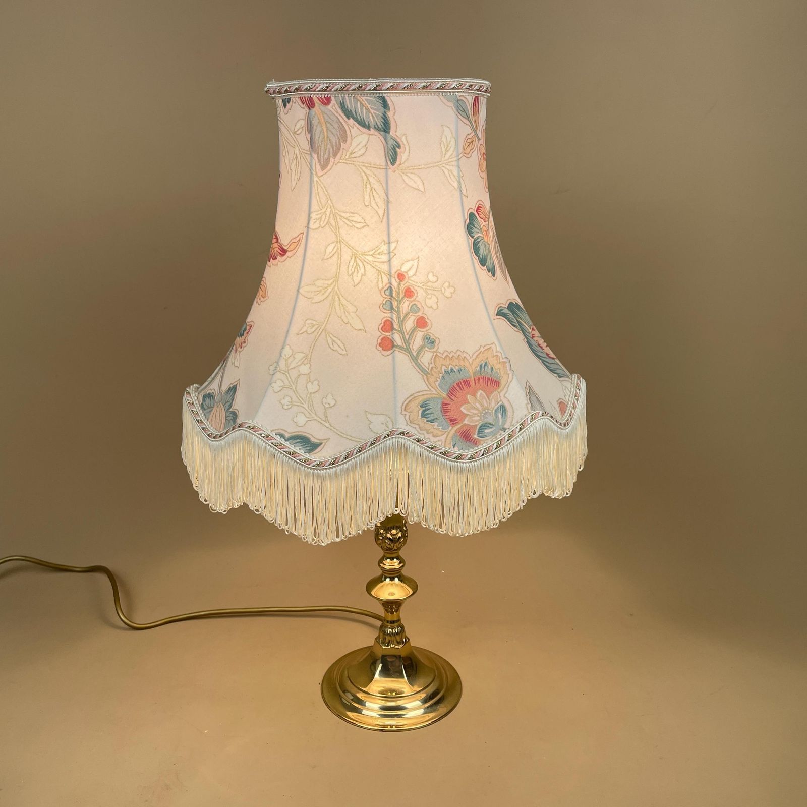 Antique Gold Brass Lamp Light Bedside Table Oriental Floral Shade Cream Muted Tones Lampshade Lampshade Ornate Vintage Medium Metal Tassels