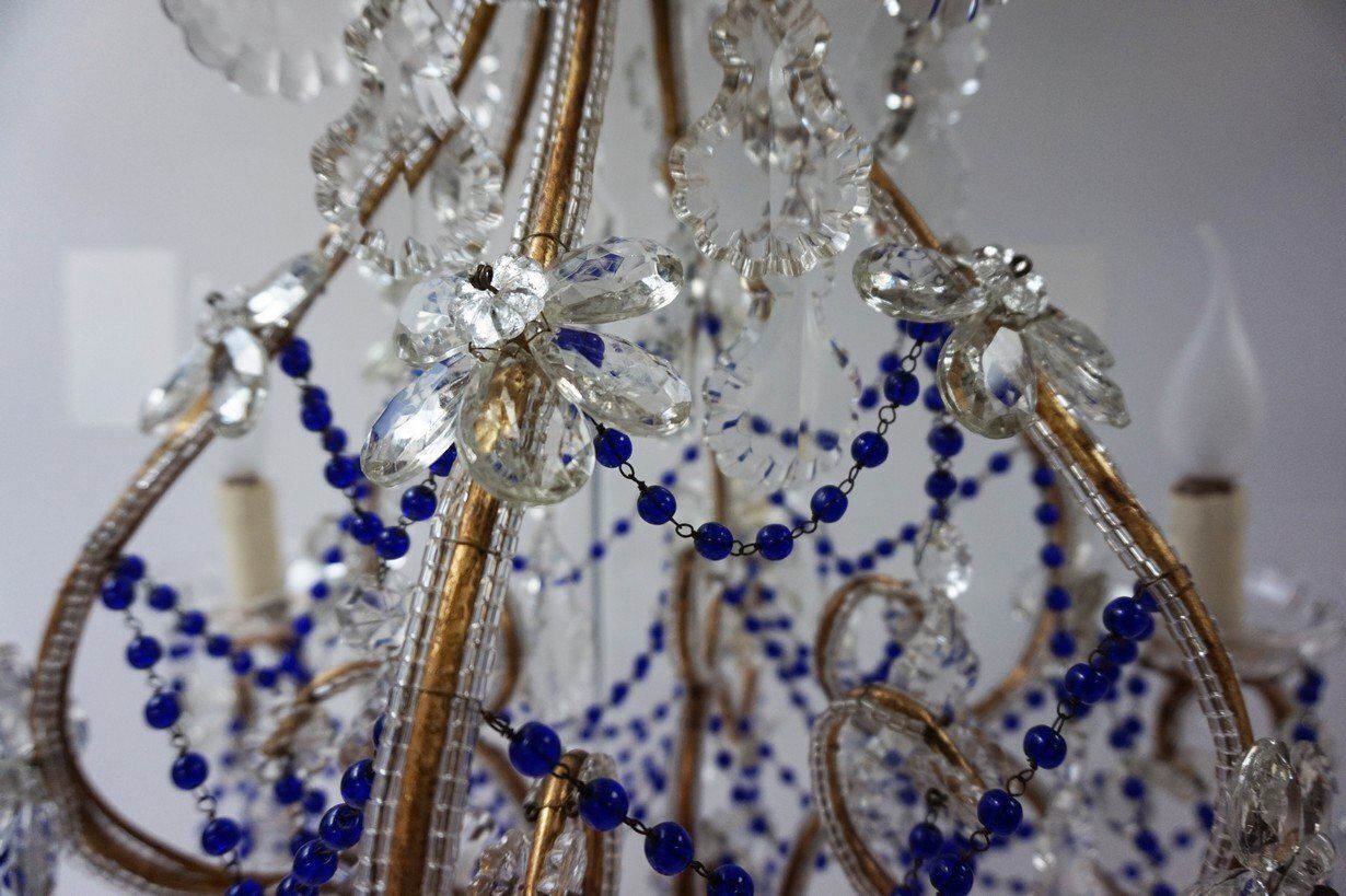 Italian Chandelier With Cobalt Blue Murano Glass Beaded Strings And Crystal Flowers, 1940s photo Lighting