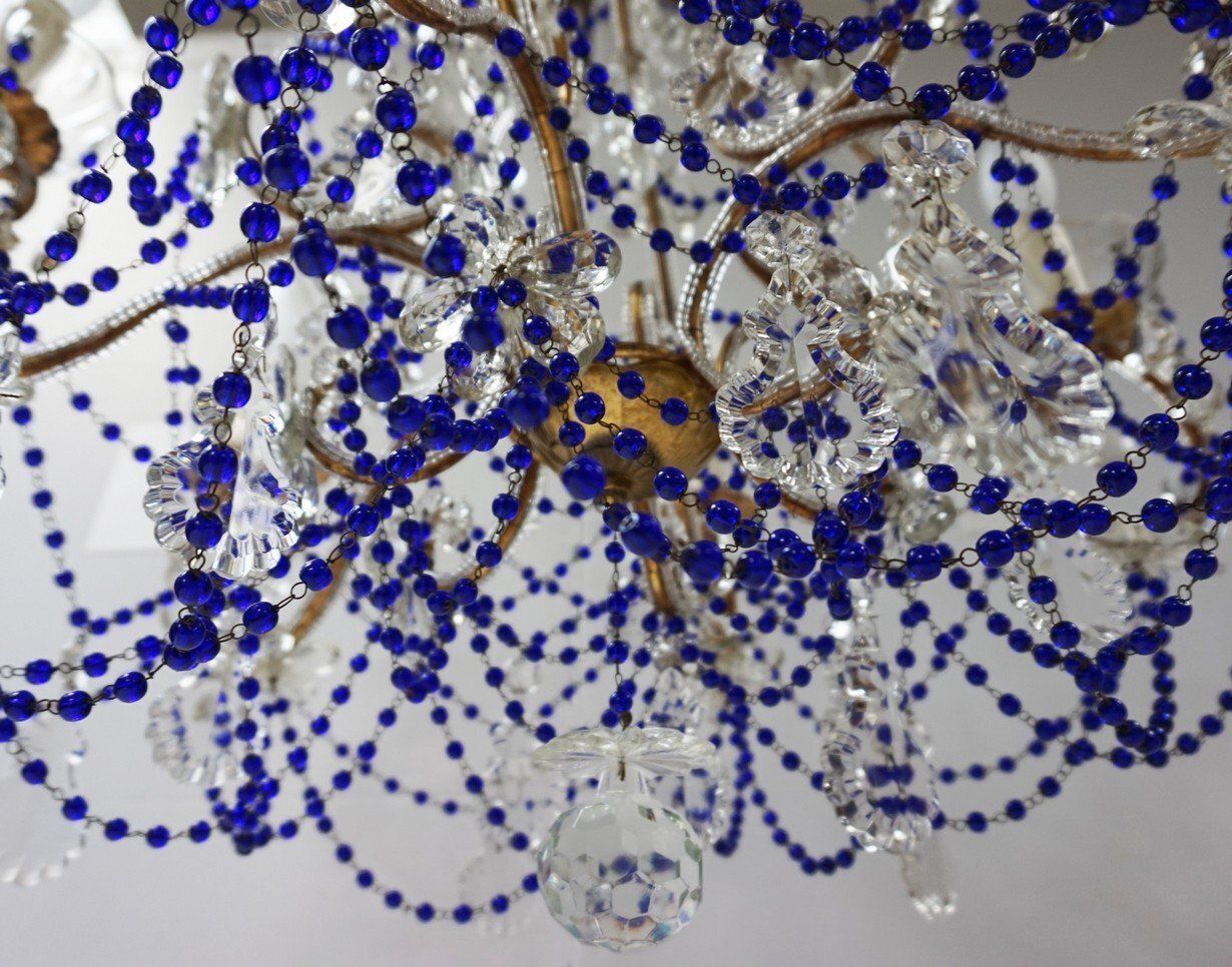 Italian Chandelier With Cobalt Blue Murano Glass Beaded Strings And Crystal Flowers, 1940s photo vinterior