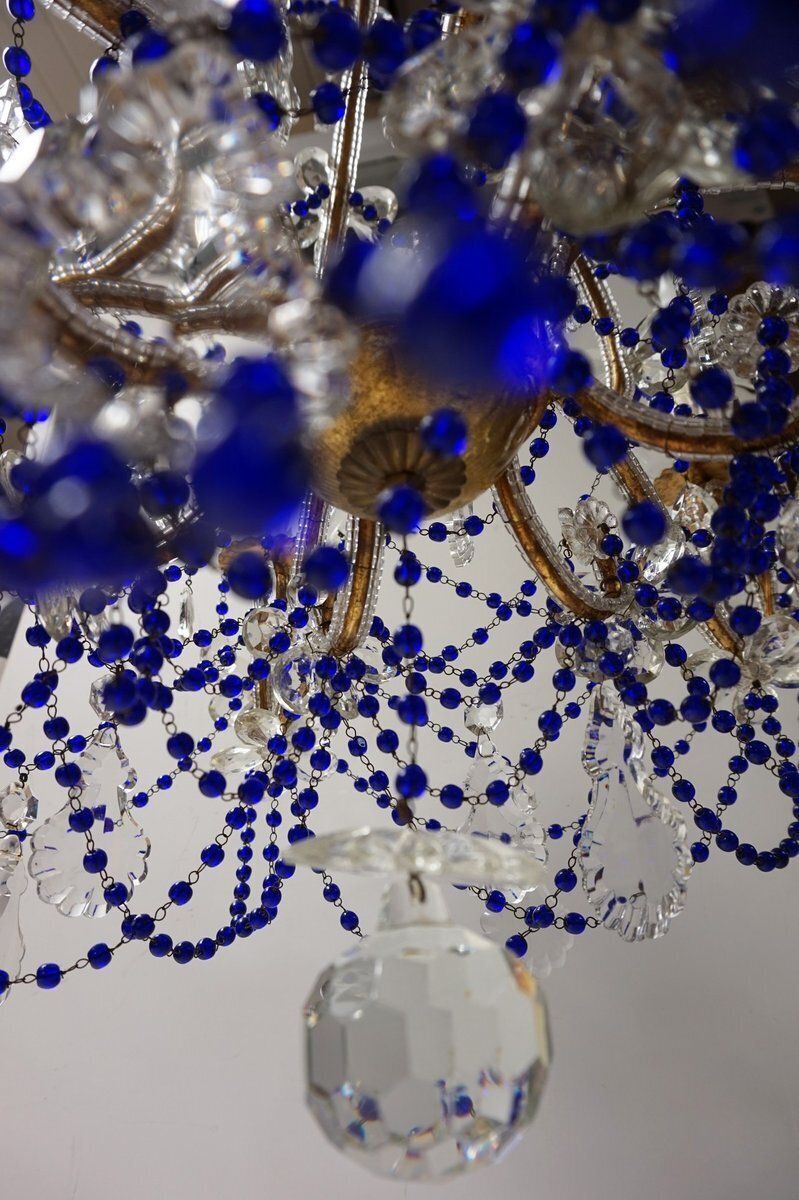 1209.0 Italian Chandelier With Cobalt Blue Murano Glass Beaded Strings And Crystal Flowers, 1940s photo