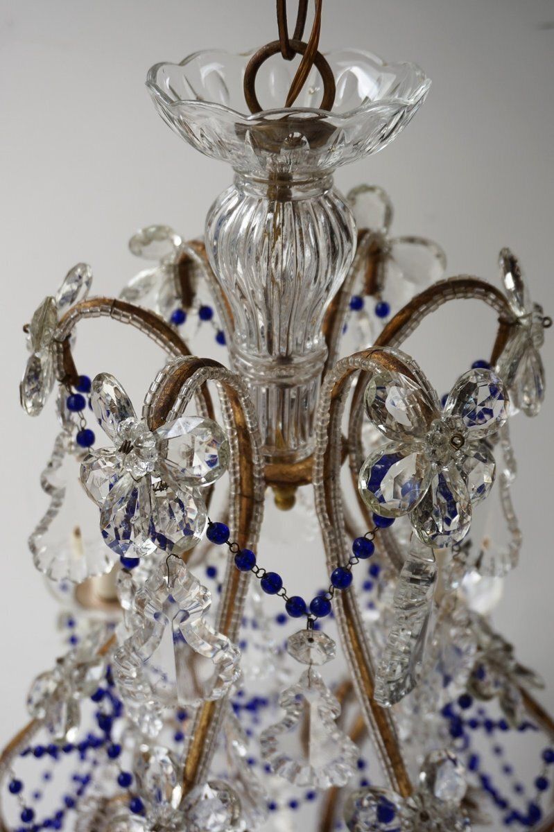 photo vintage Italian Chandelier With Cobalt Blue Murano Glass Beaded Strings And Crystal Flowers, 1940s