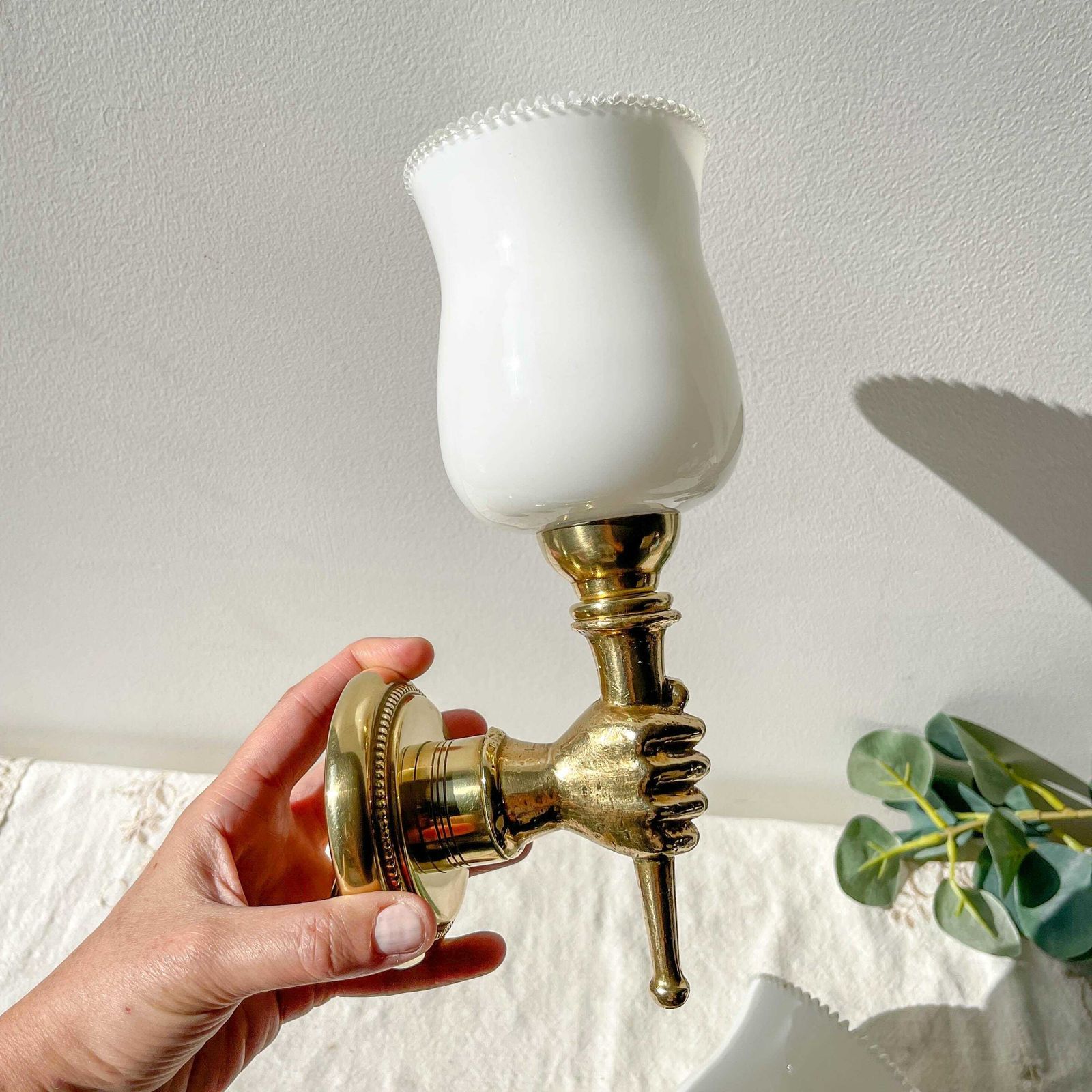 Pair Of Vintage Brass Hand Torch Wall Sconces, Attributed To Maison Jansen, France 1960s photo Lighting