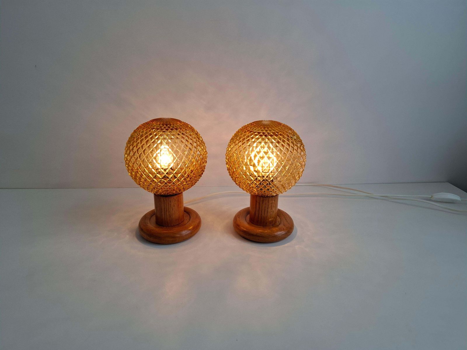 Pair Of Mid Century Table Lamps With Amber Glass And Wood Base, Czechoslovakia photo vinterior