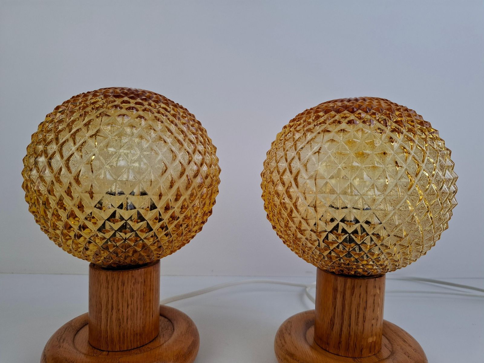 Lighting Pair Of Mid Century Table Lamps With Amber Glass And Wood Base, Czechoslovakia photo