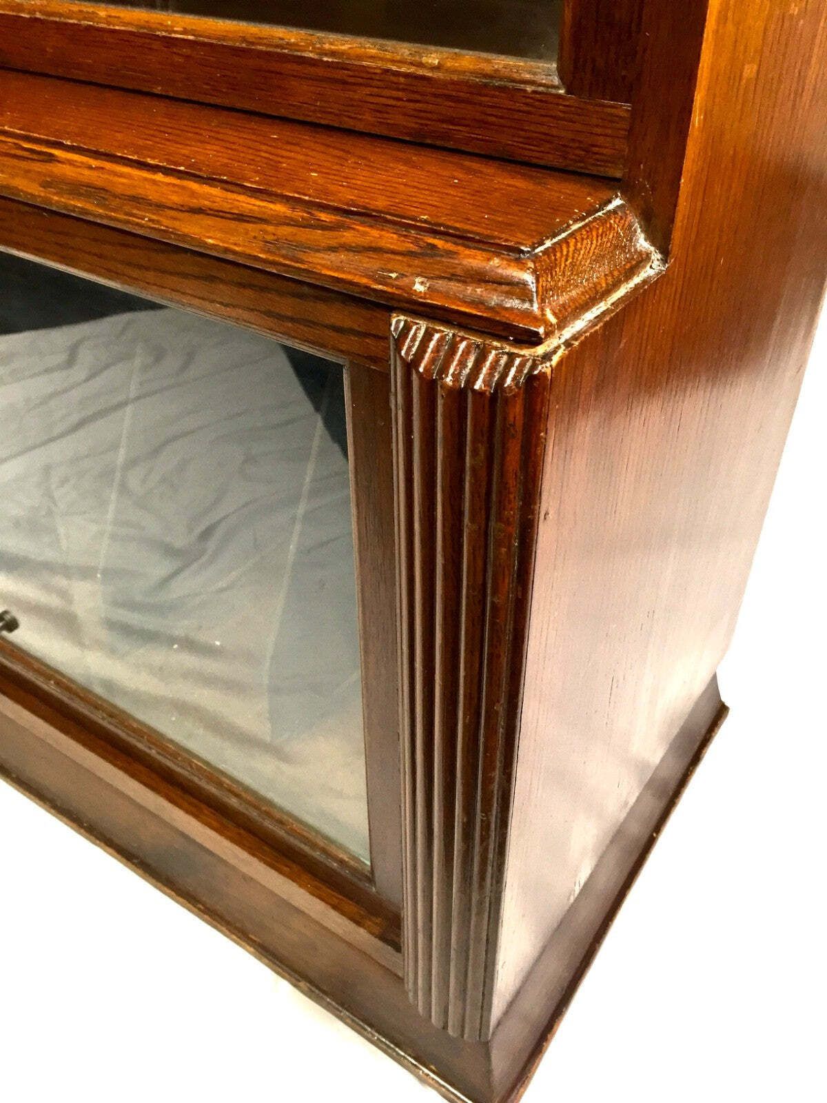 photo for sale Antique 1950s Wooden Display Barristers Style Bookcase Cabinet With Glazed Doors