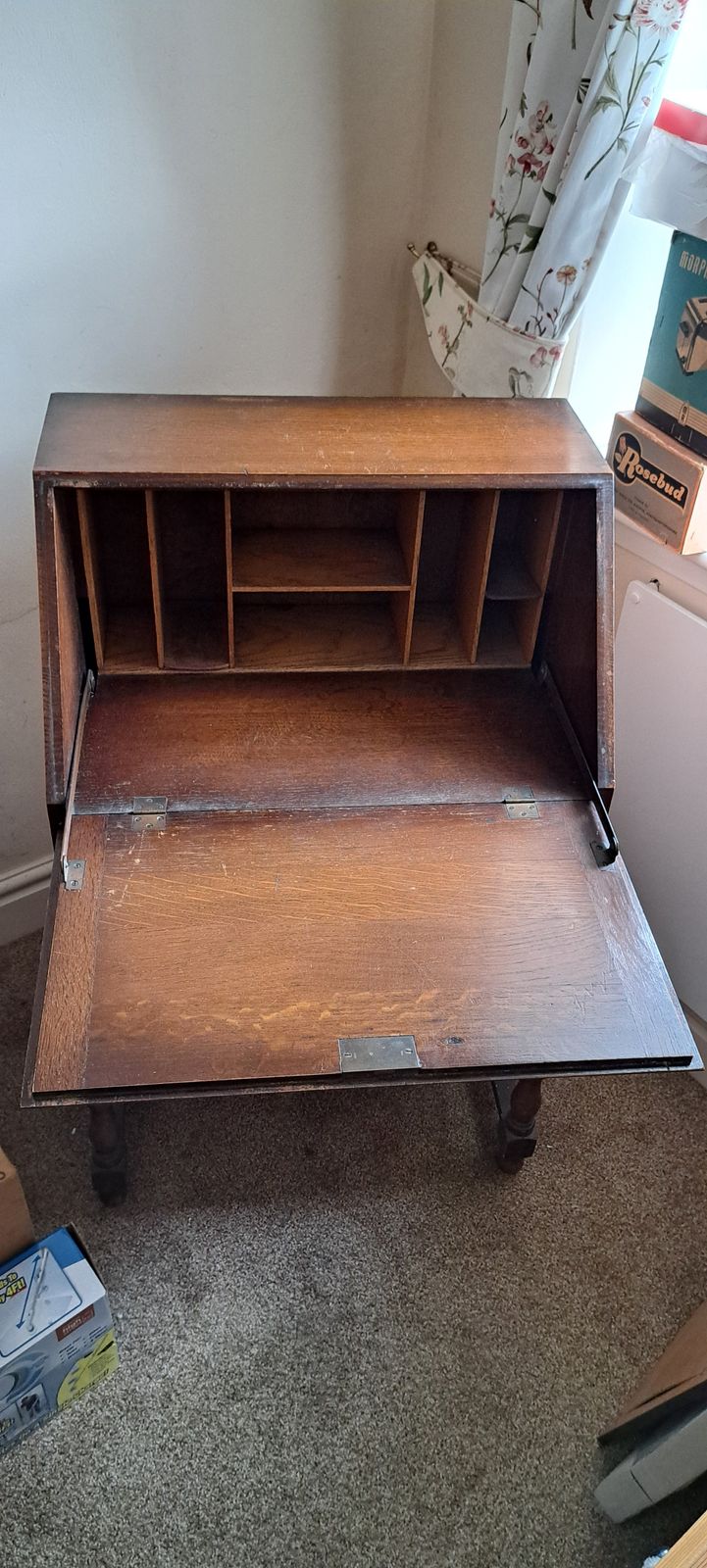 photo for sale Vintage Mid 20th Century Oak Writing Bureau With Drop Down Front (Lockable) & 2 Drawers