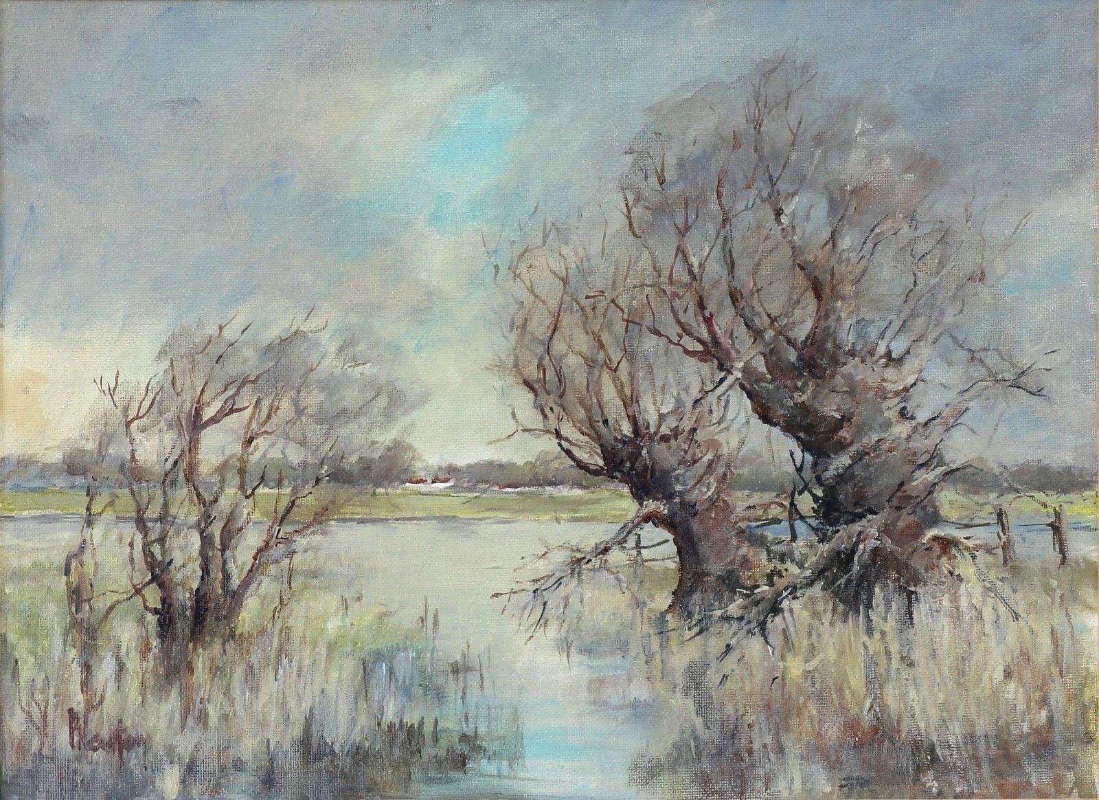 Acrylic On Board Behind Glass By Pat Newton. Titled "Ouse Washes Welney". photo furniture