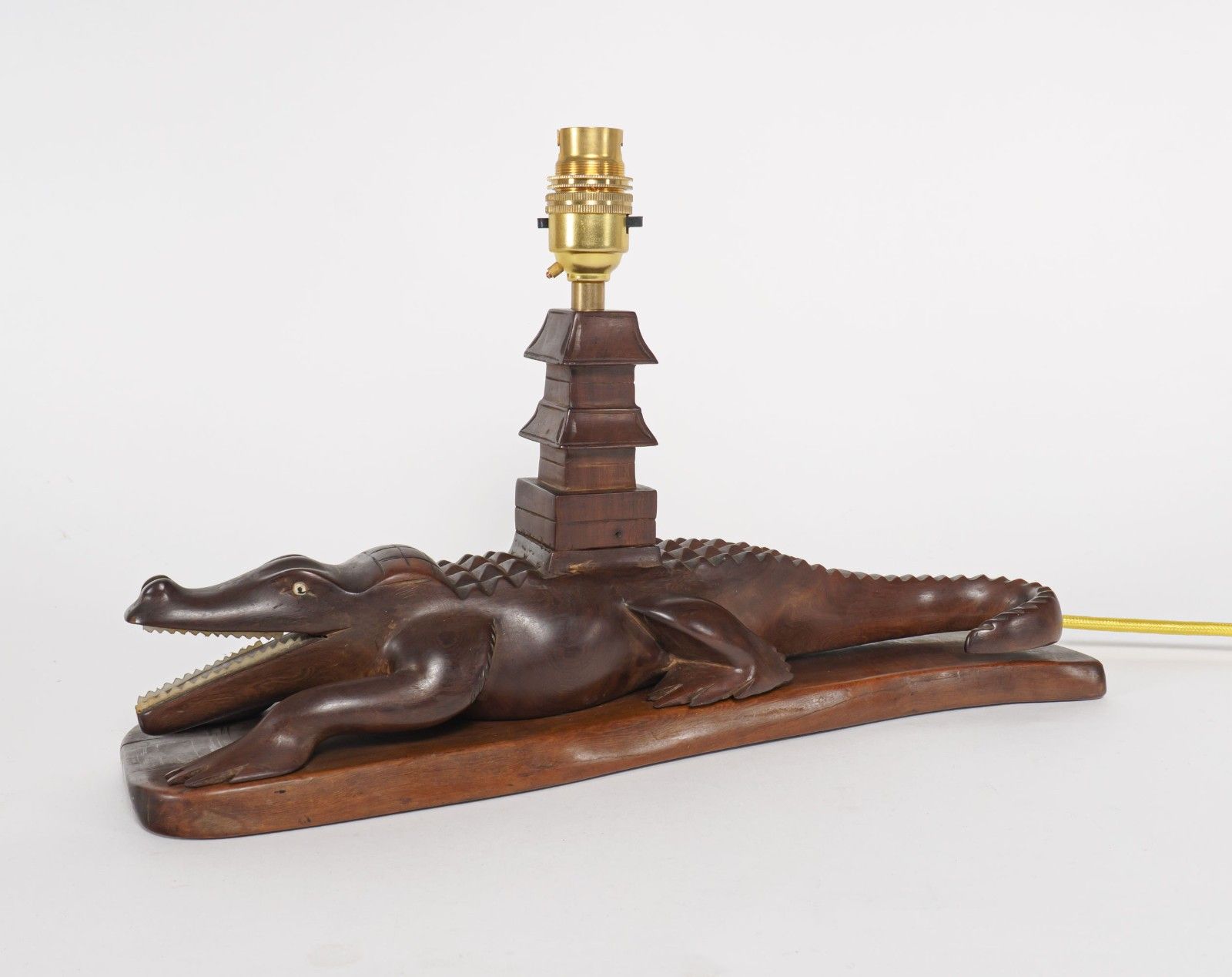 Vintage 1950s Carved Wooden Mahogany Crocodile Table Lamp – Rewired