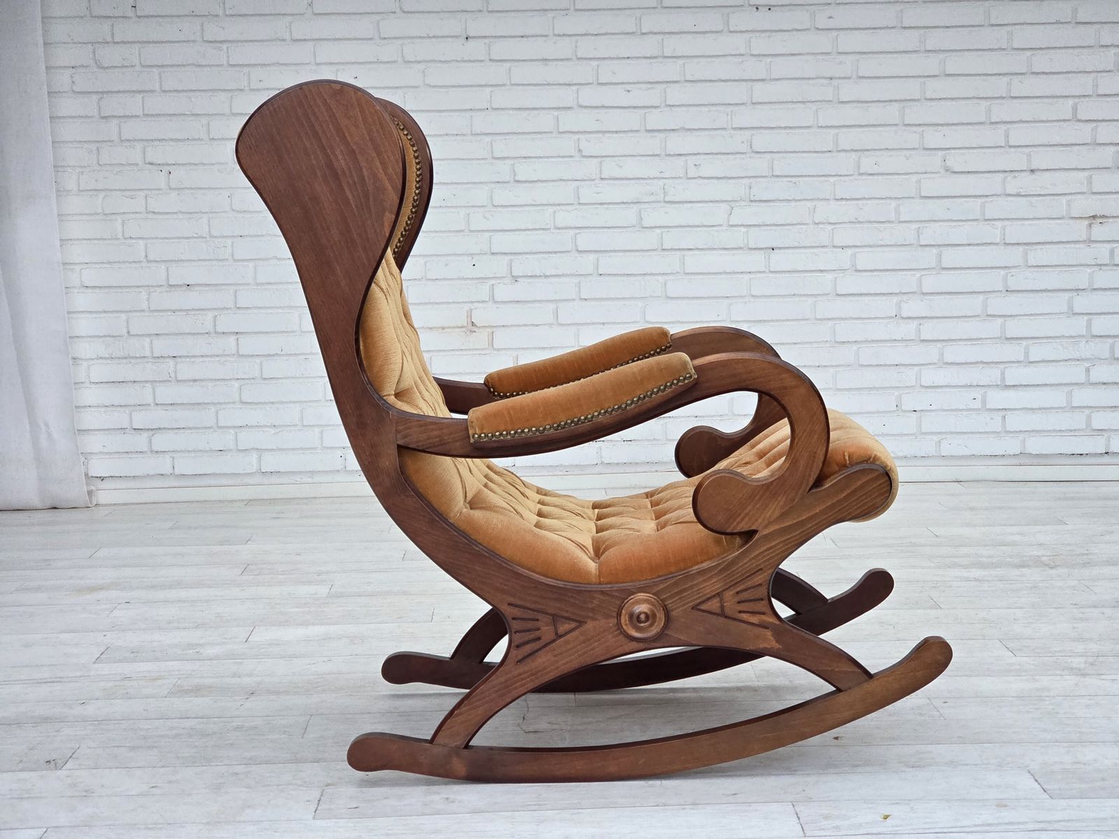 photo for sale 1960s, Scandinavian Rocking Chair, Furniture Velour, Dark Beech Wood.