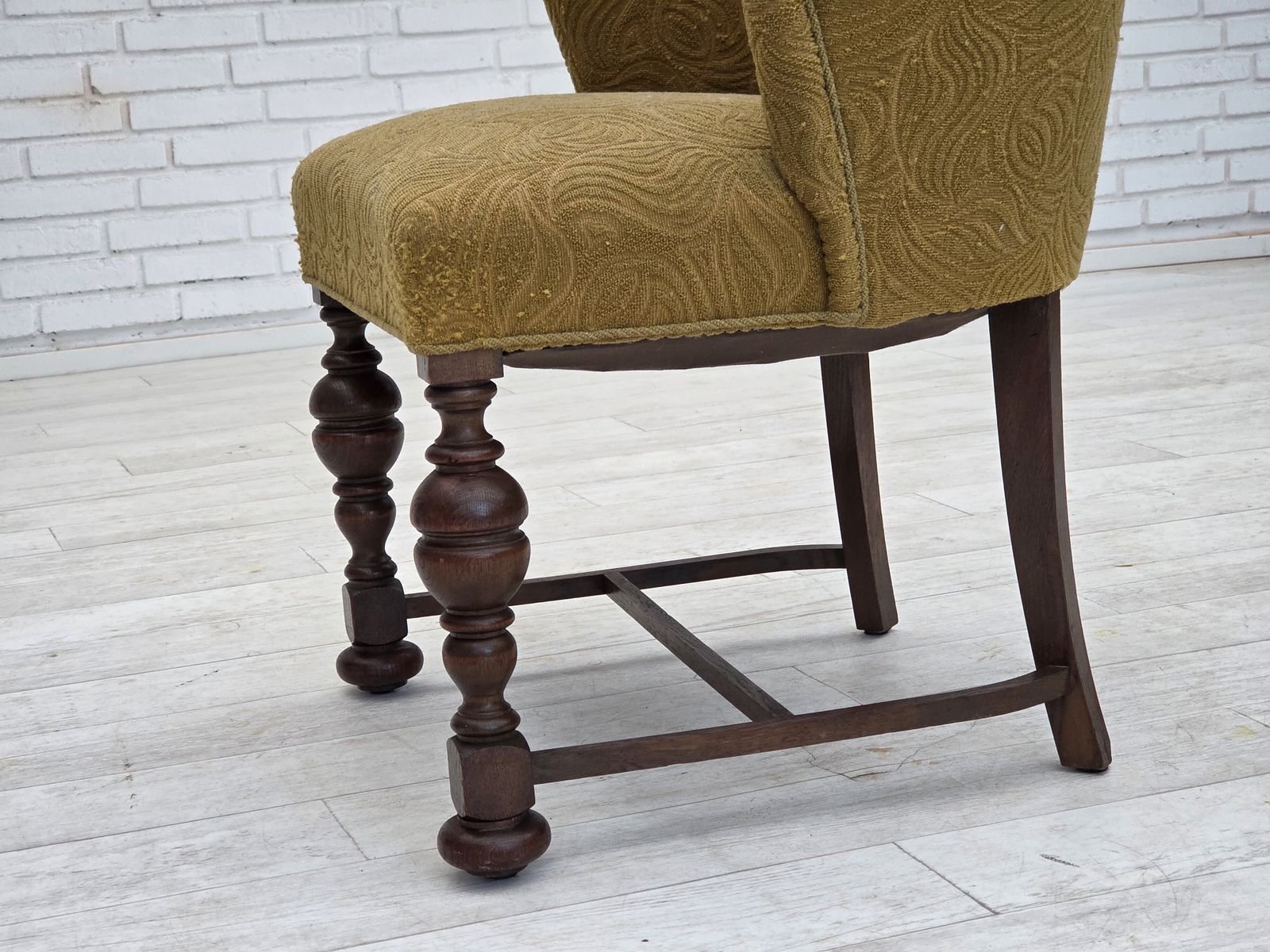 1950s, Danish Lounge Chair, Green Furniture Velour/Wool, Dark Oak Wood. photo Furniture