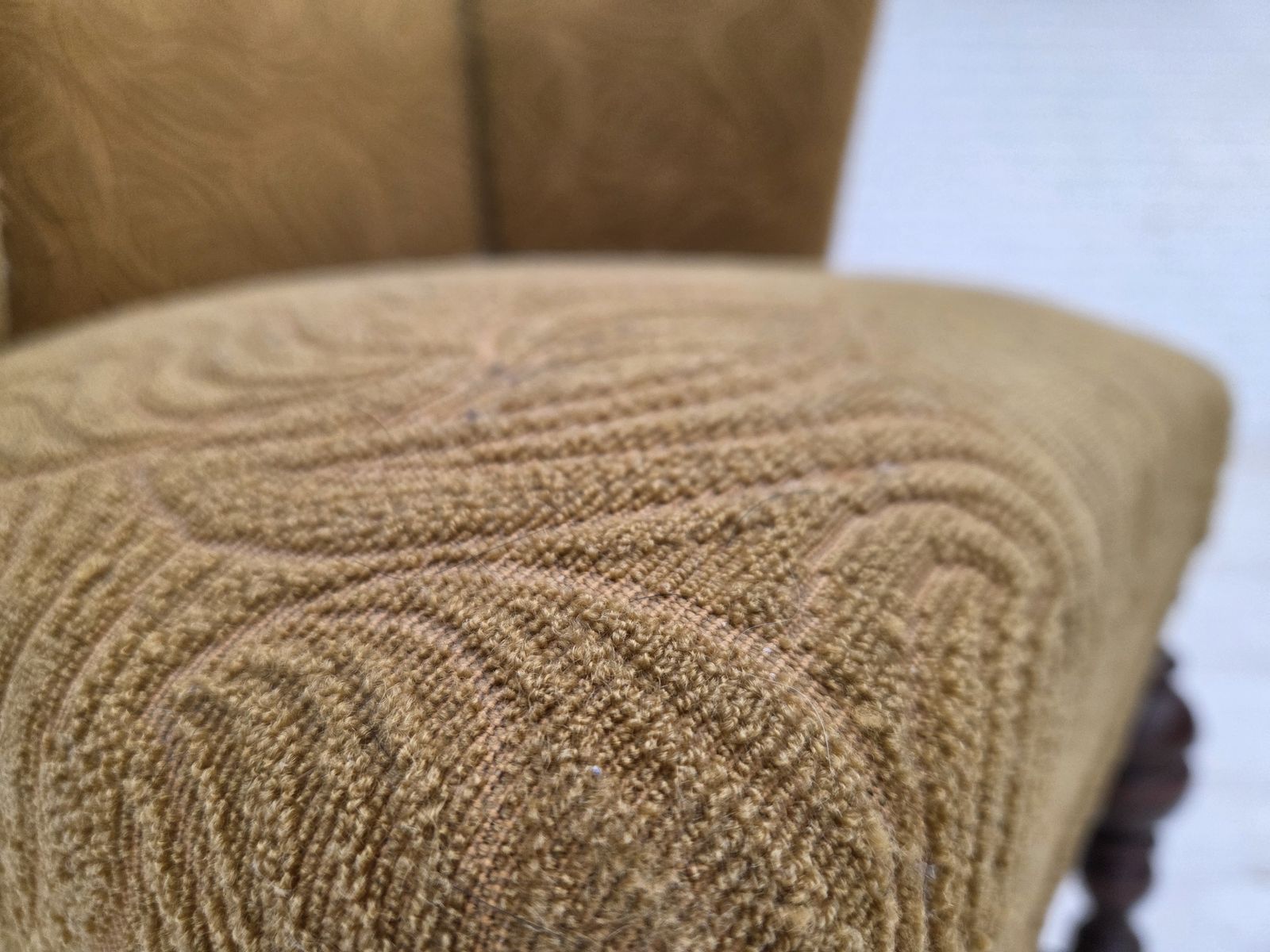 1950s, Danish Lounge Chair, Green Furniture Velour/Wool, Dark Oak Wood. photo 1050.0