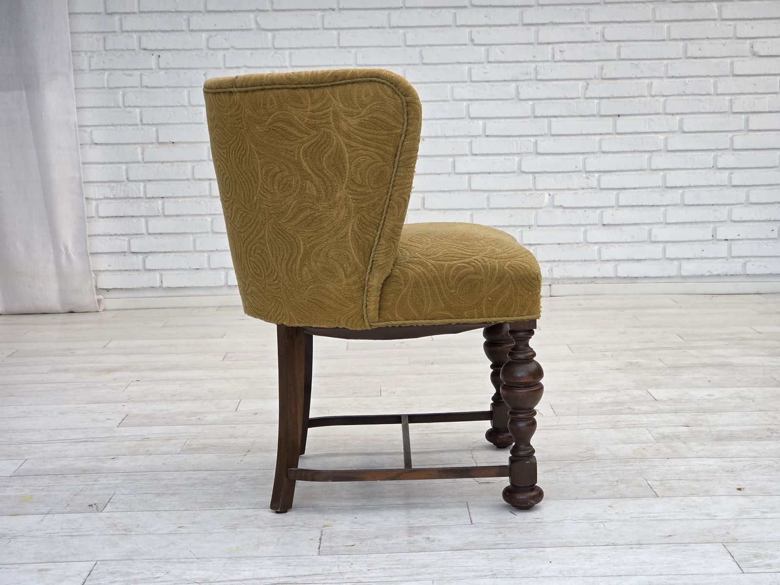 photo for sale 1950s, Danish Lounge Chair, Green Furniture Velour/Wool, Dark Oak Wood.