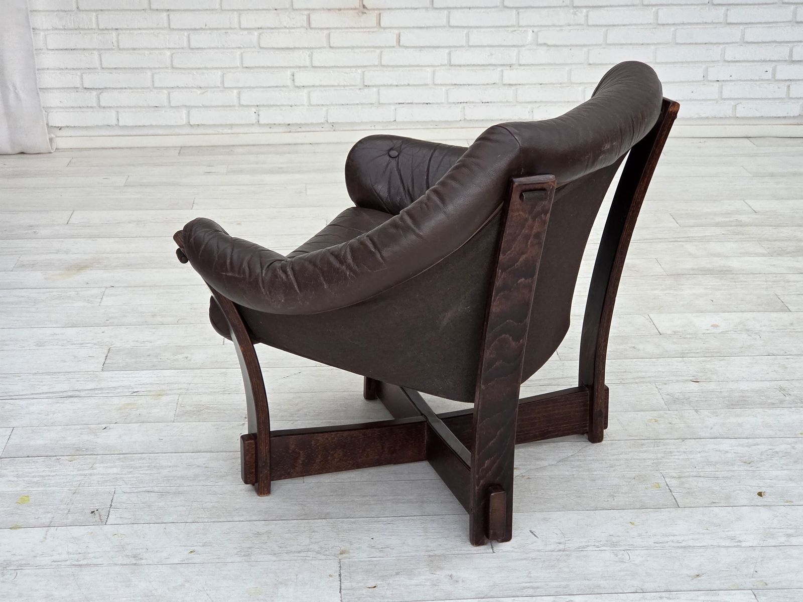 photo for sale 1970s, Scandinavian Lounge Chair, Furniture Leather, Oak Wood.
