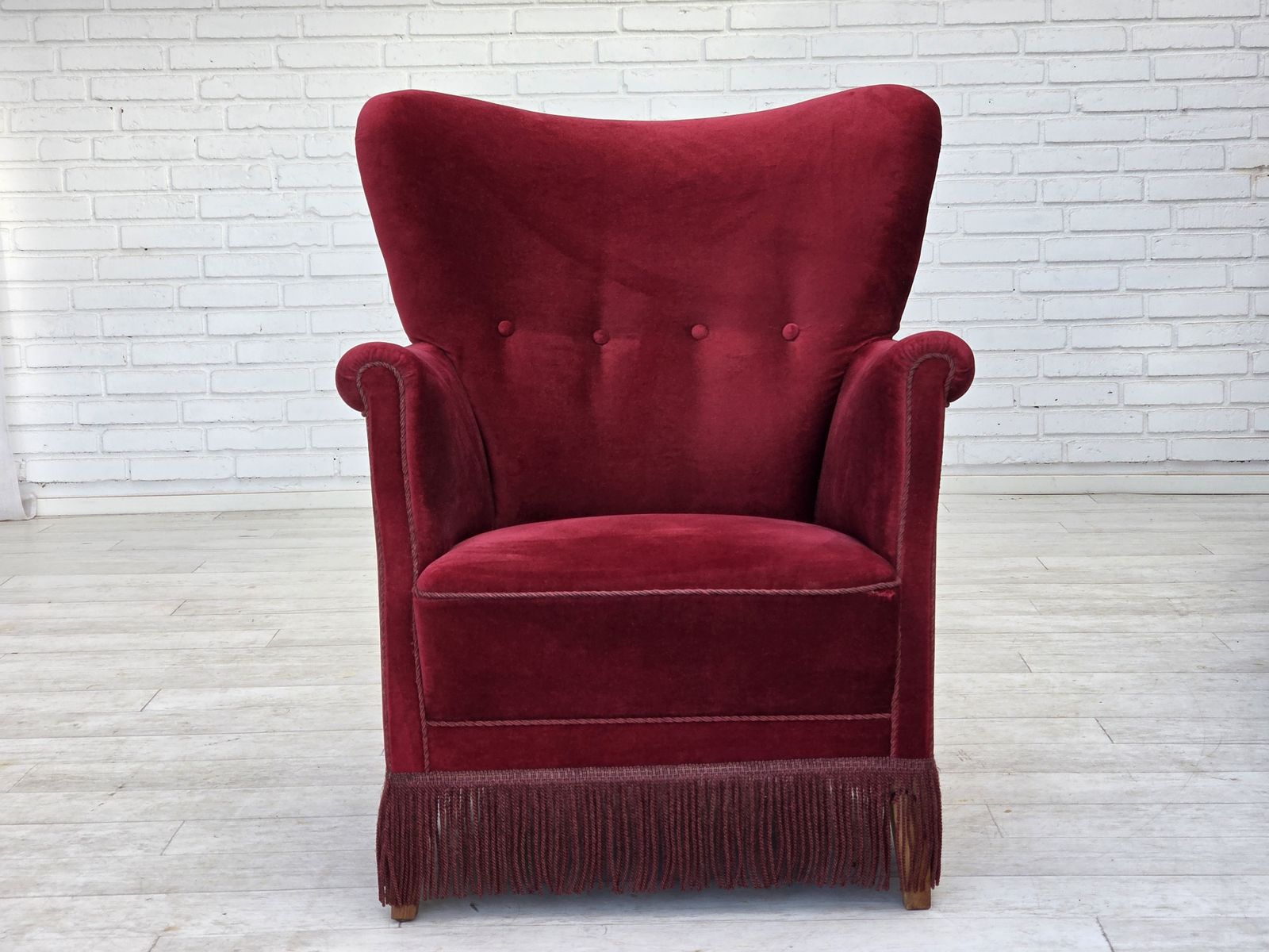 1970s, Danish Armchair, Cherry Red Furniture Velour, Oak Wood Legs. photo furniture