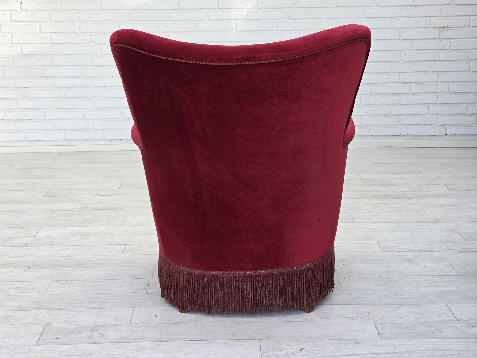 photo for sale 1970s, Danish Armchair, Cherry Red Furniture Velour, Oak Wood Legs.