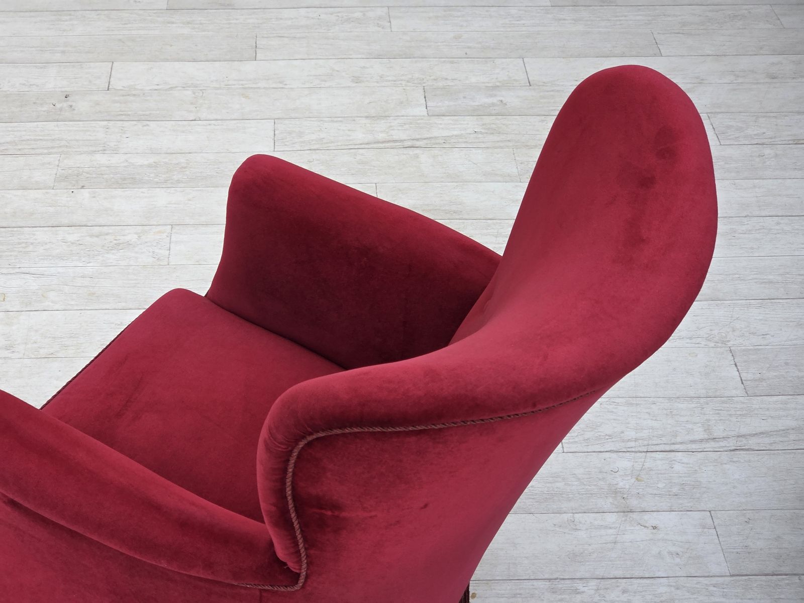 photo buy 1970s, Danish Armchair, Cherry Red Furniture Velour, Oak Wood Legs.