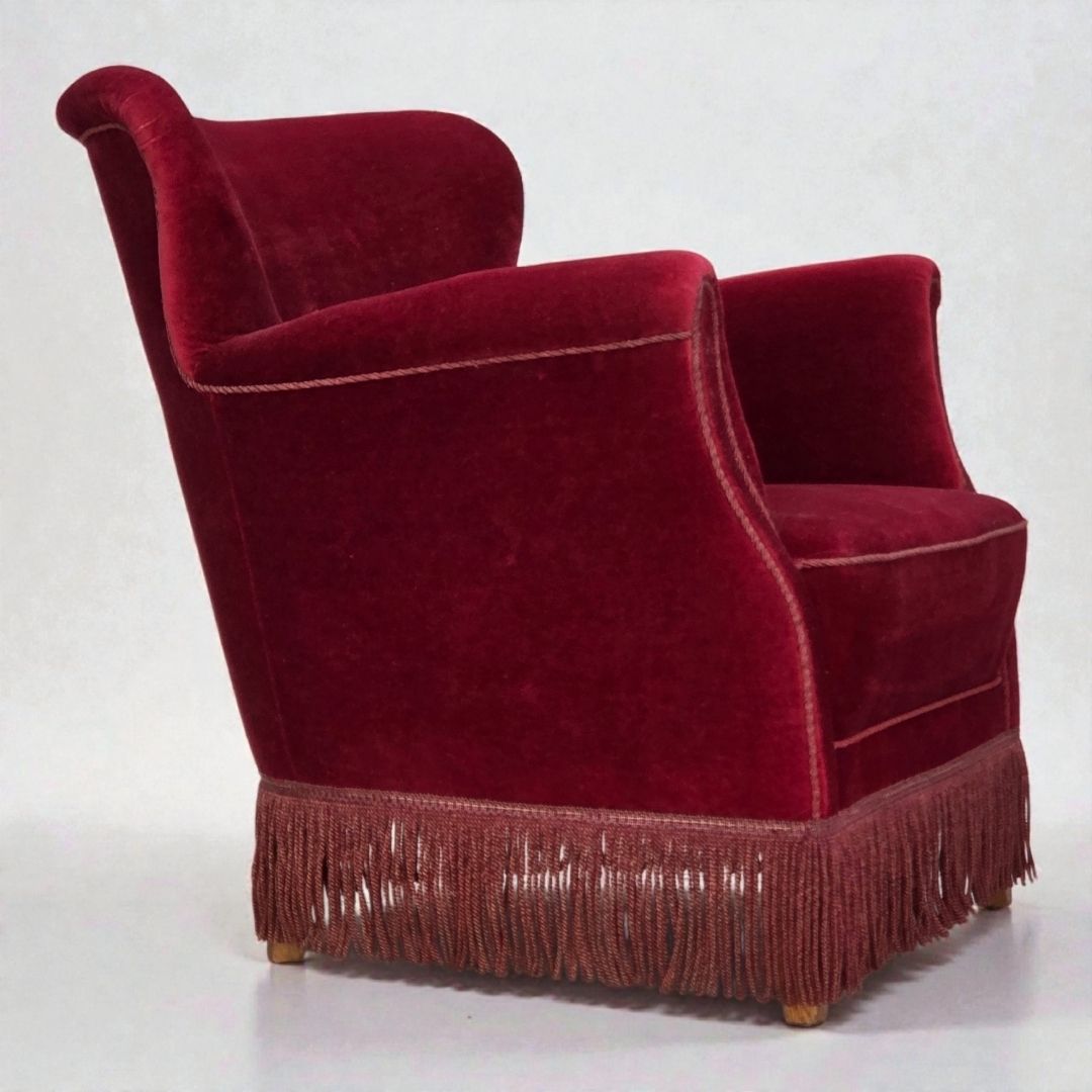 1970s, Danish Armchair, Cherry Red Furniture Velour, Oak Wood Legs.