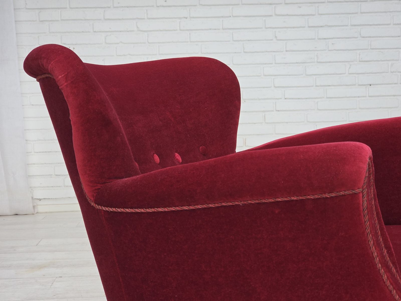 1970s, Danish Armchair, Cherry Red Furniture Velour, Oak Wood Legs. photo furniture