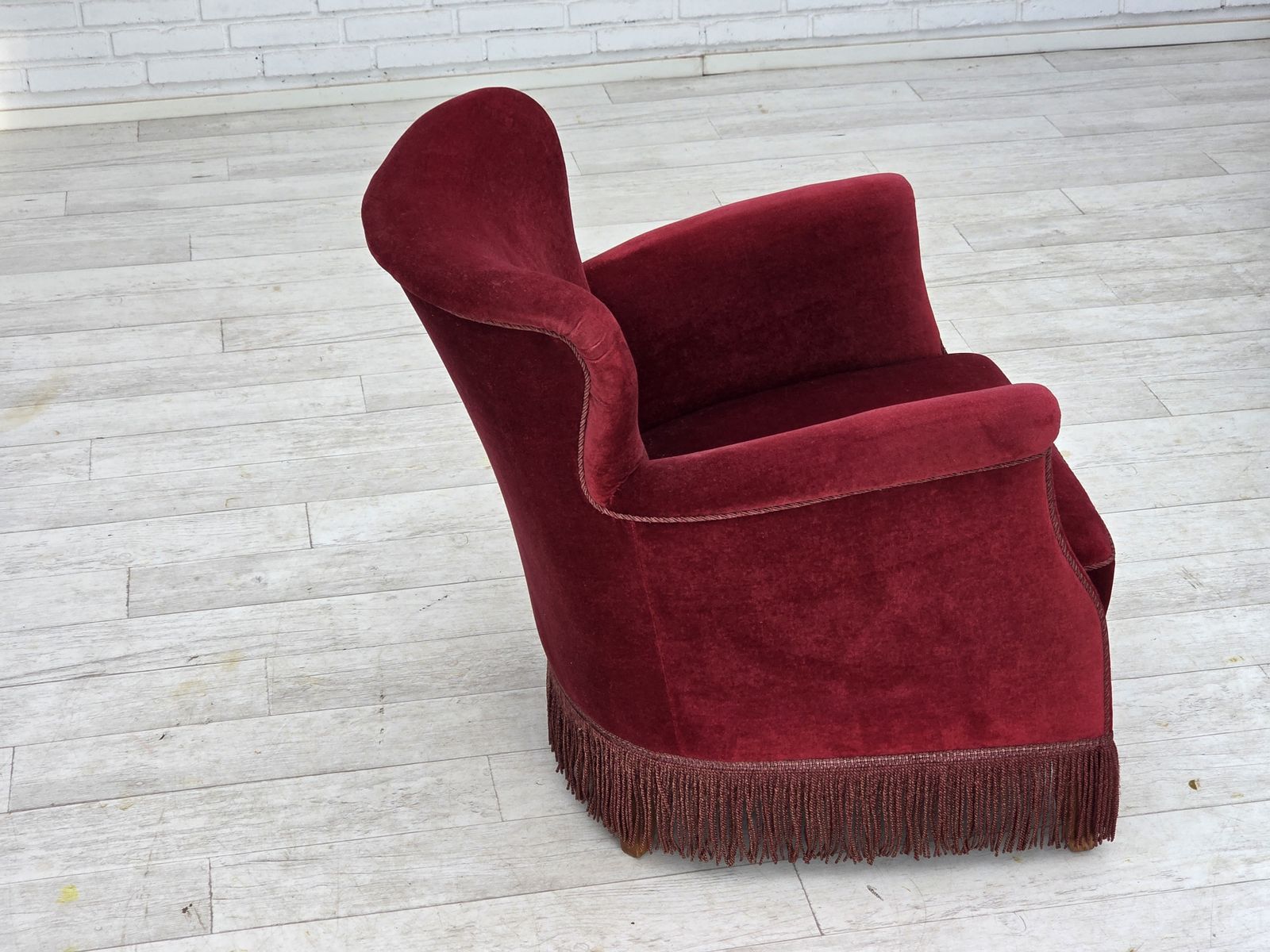 1970s, Danish Armchair, Cherry Red Furniture Velour, Oak Wood Legs. photo buy
