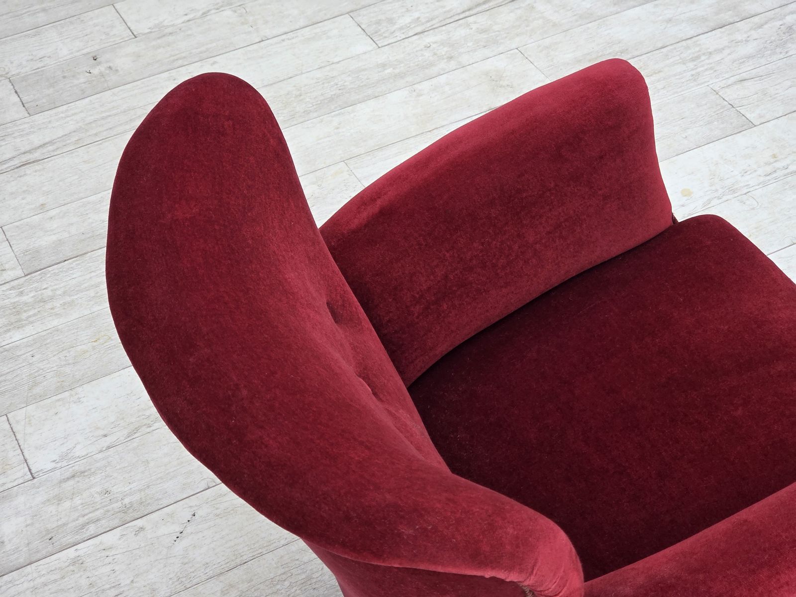 photo for sale 1970s, Danish Armchair, Cherry Red Furniture Velour, Oak Wood Legs.