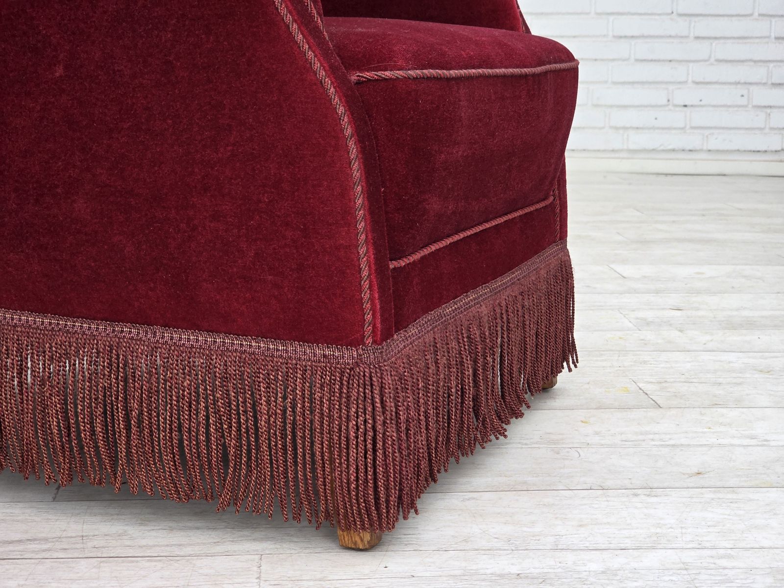 Furniture 1970s, Danish Armchair, Cherry Red Furniture Velour, Oak Wood Legs. photo