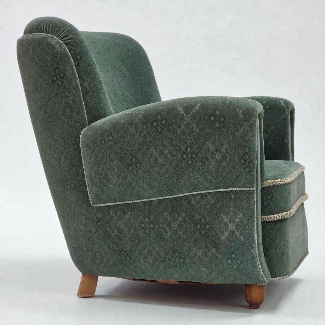 1960s, Danish Armchair, Light Green Furniture Wool, Oak Wood Legs.