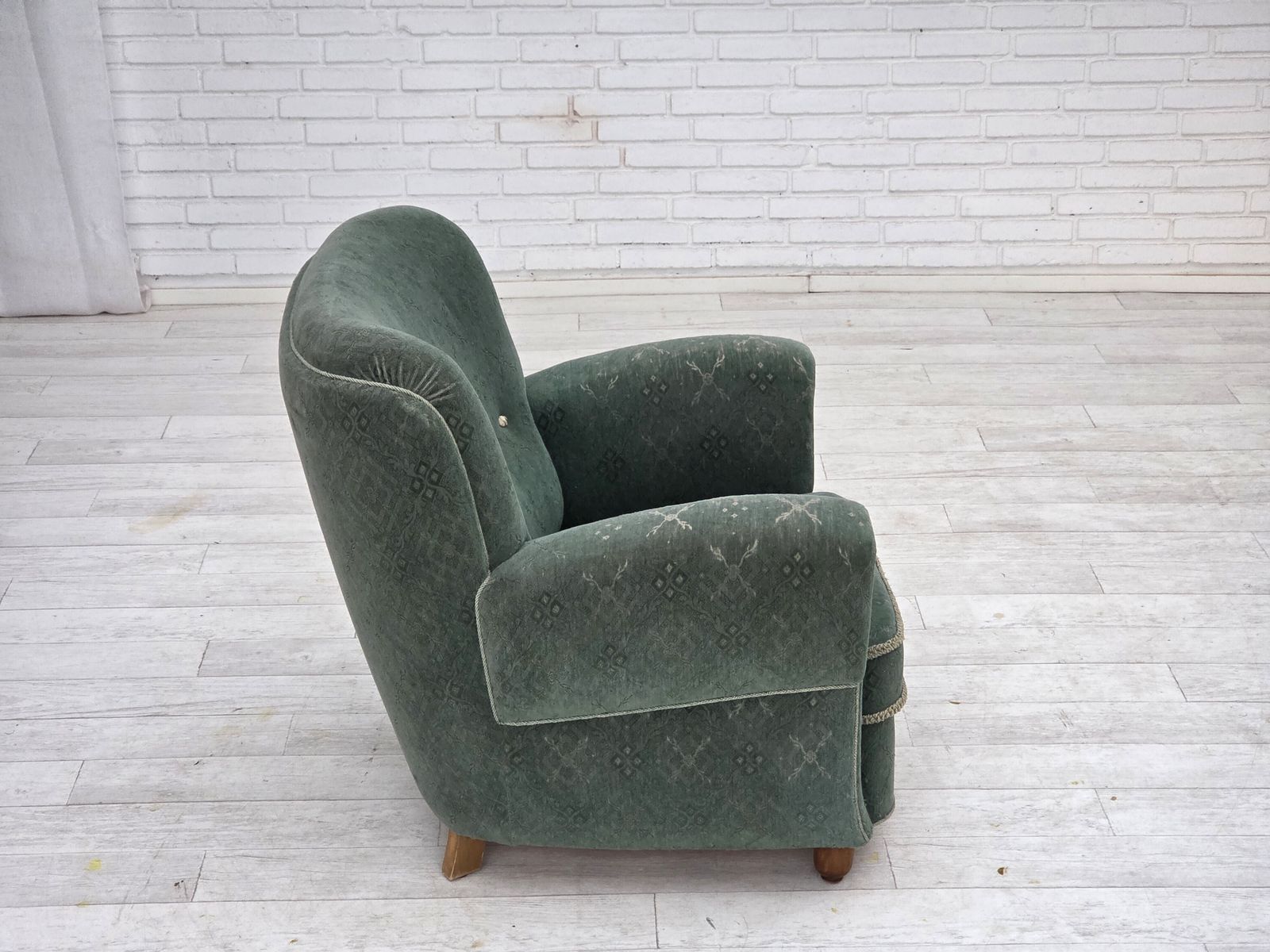 1960s, Danish Armchair, Light Green Furniture Wool, Oak Wood Legs. photo furniture