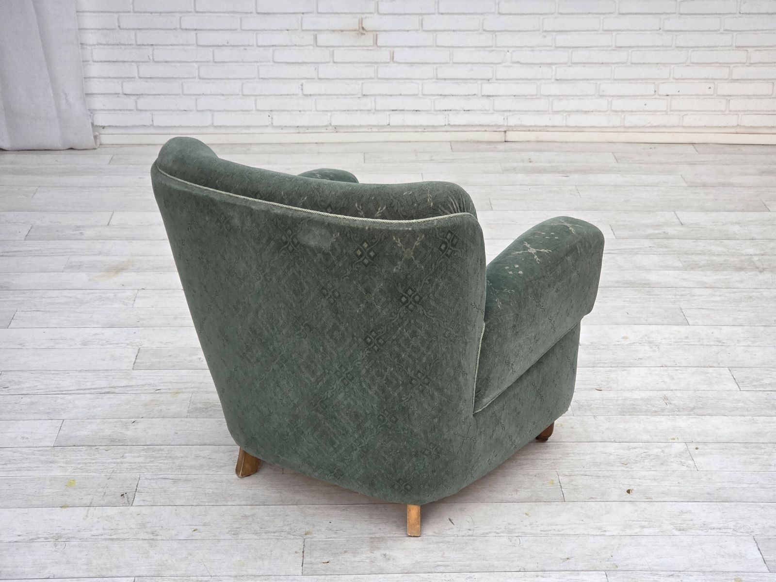 1350.0 1960s, Danish Armchair, Light Green Furniture Wool, Oak Wood Legs. photo