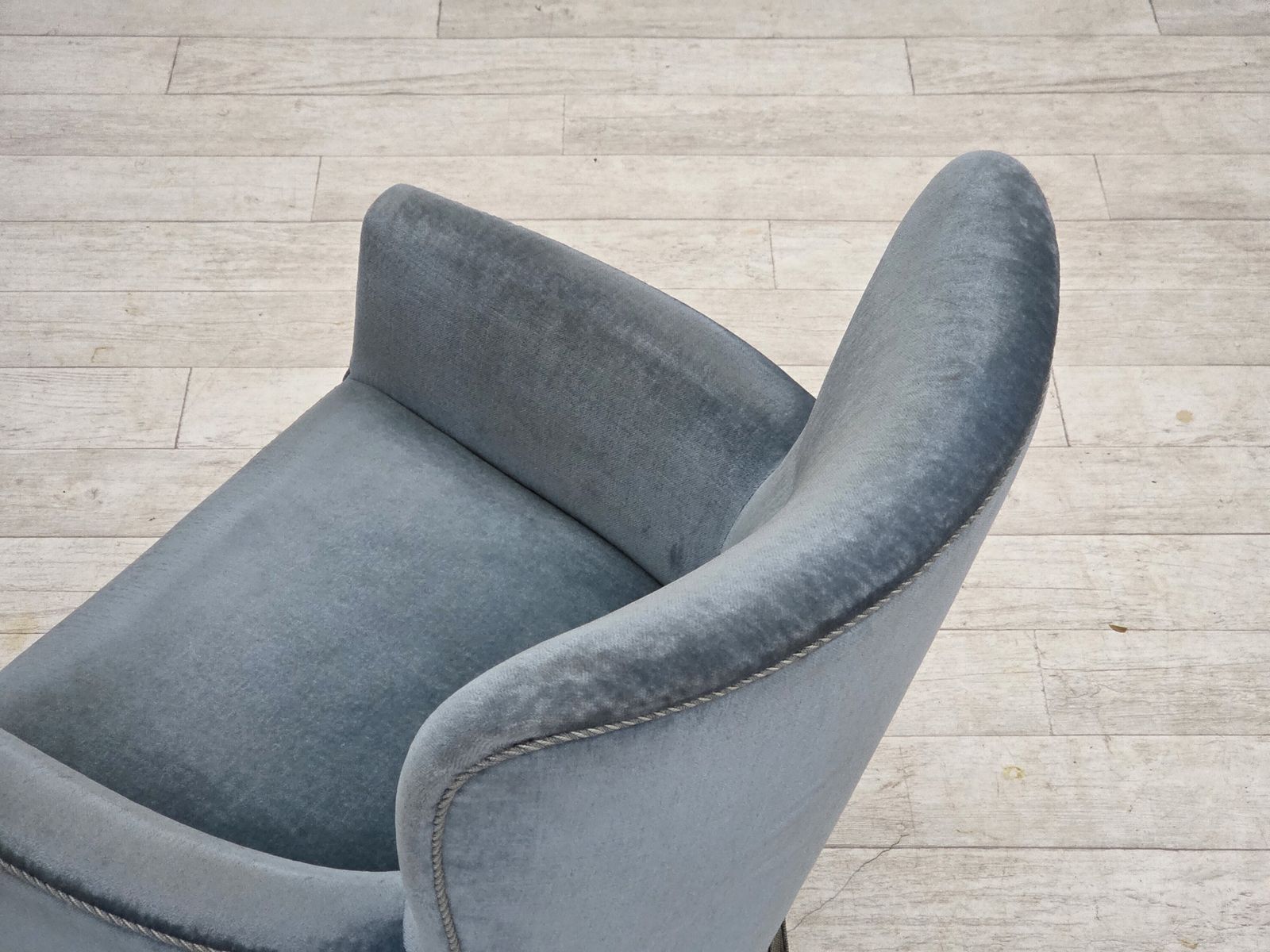 1970s, Danish Armchair With Footstool, Blue Furniture Velour, Oak Wood Legs. photo for sale