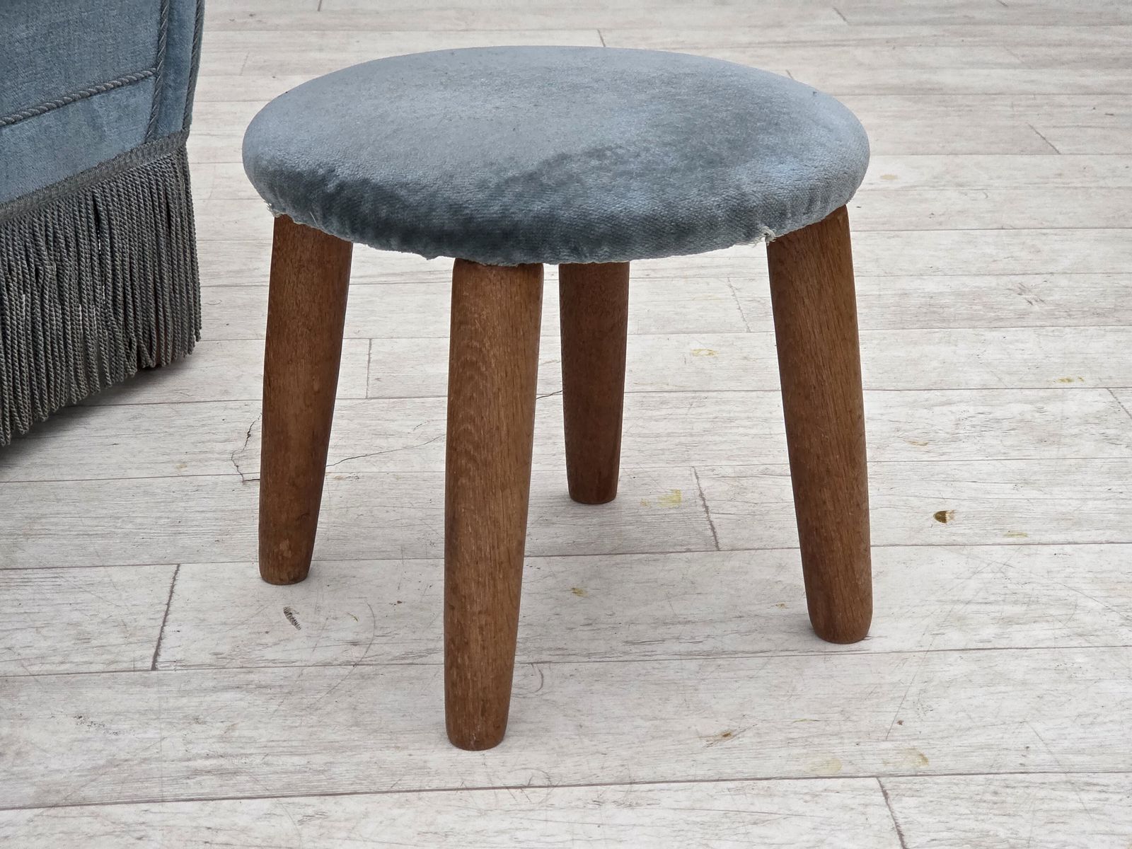 Furniture 1970s, Danish Armchair With Footstool, Blue Furniture Velour, Oak Wood Legs. photo