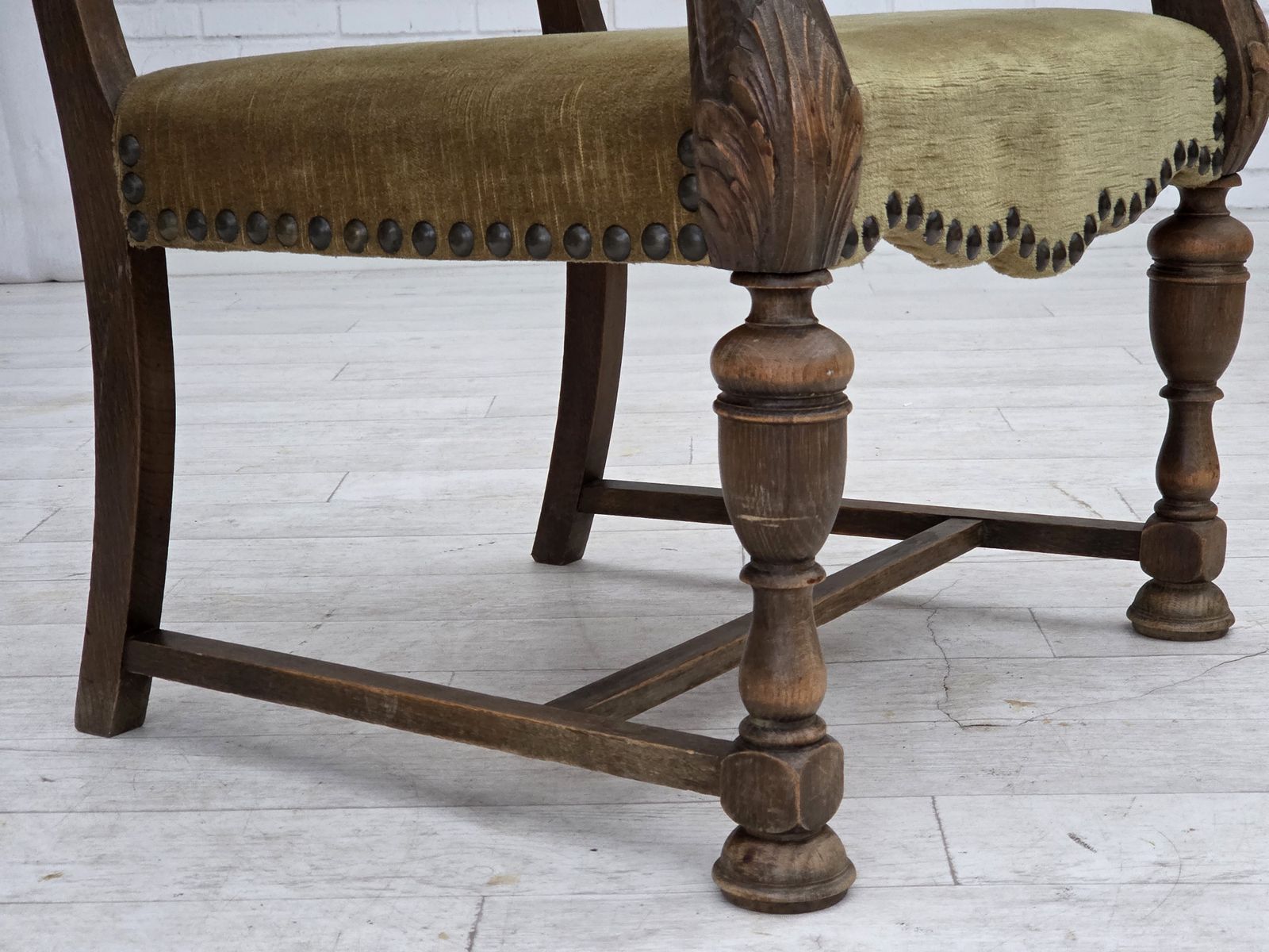 1950s, Danish Highback Armchair, Hand Woven Wool, Velour, Carved Oak Wood. photo furniture