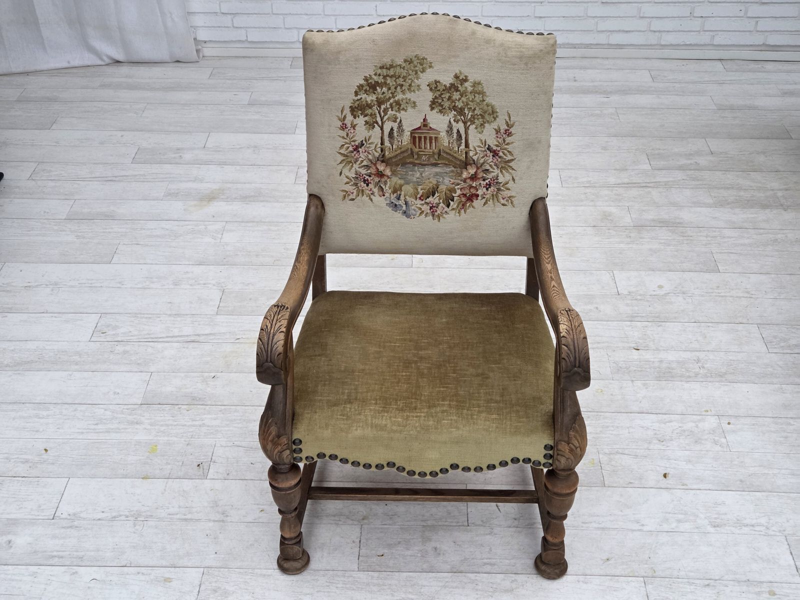 1950s, Danish Highback Armchair, Hand Woven Wool, Velour, Carved Oak Wood. photo vintage
