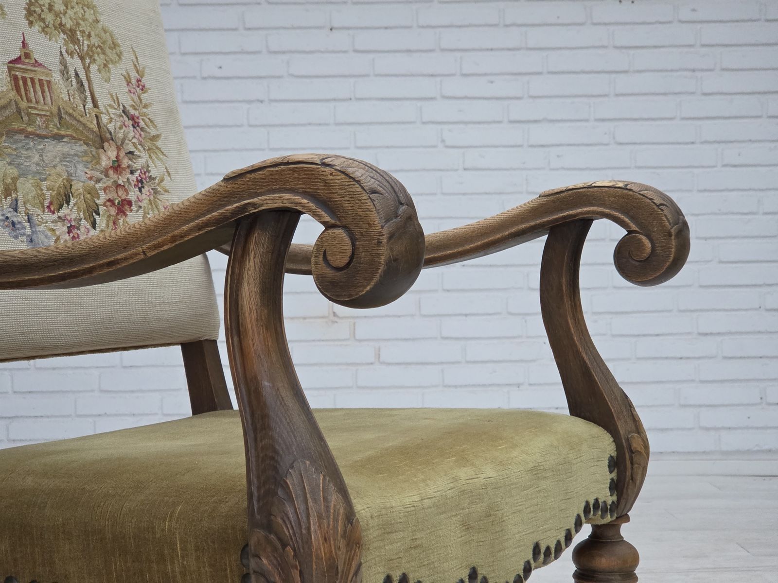 890.0 1950s, Danish Highback Armchair, Hand Woven Wool, Velour, Carved Oak Wood. photo