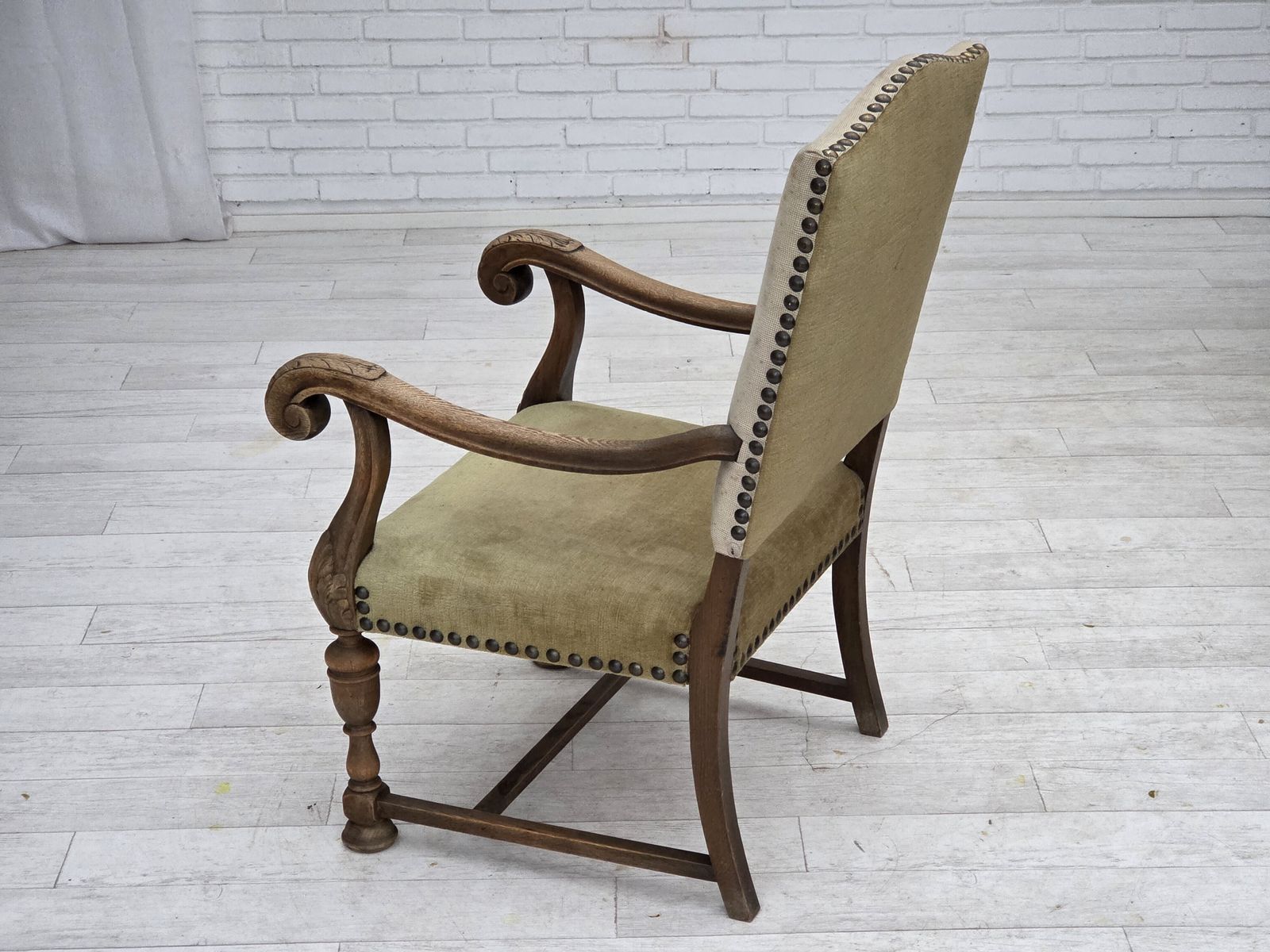 photo vinterior 1950s, Danish Highback Armchair, Hand Woven Wool, Velour, Carved Oak Wood.