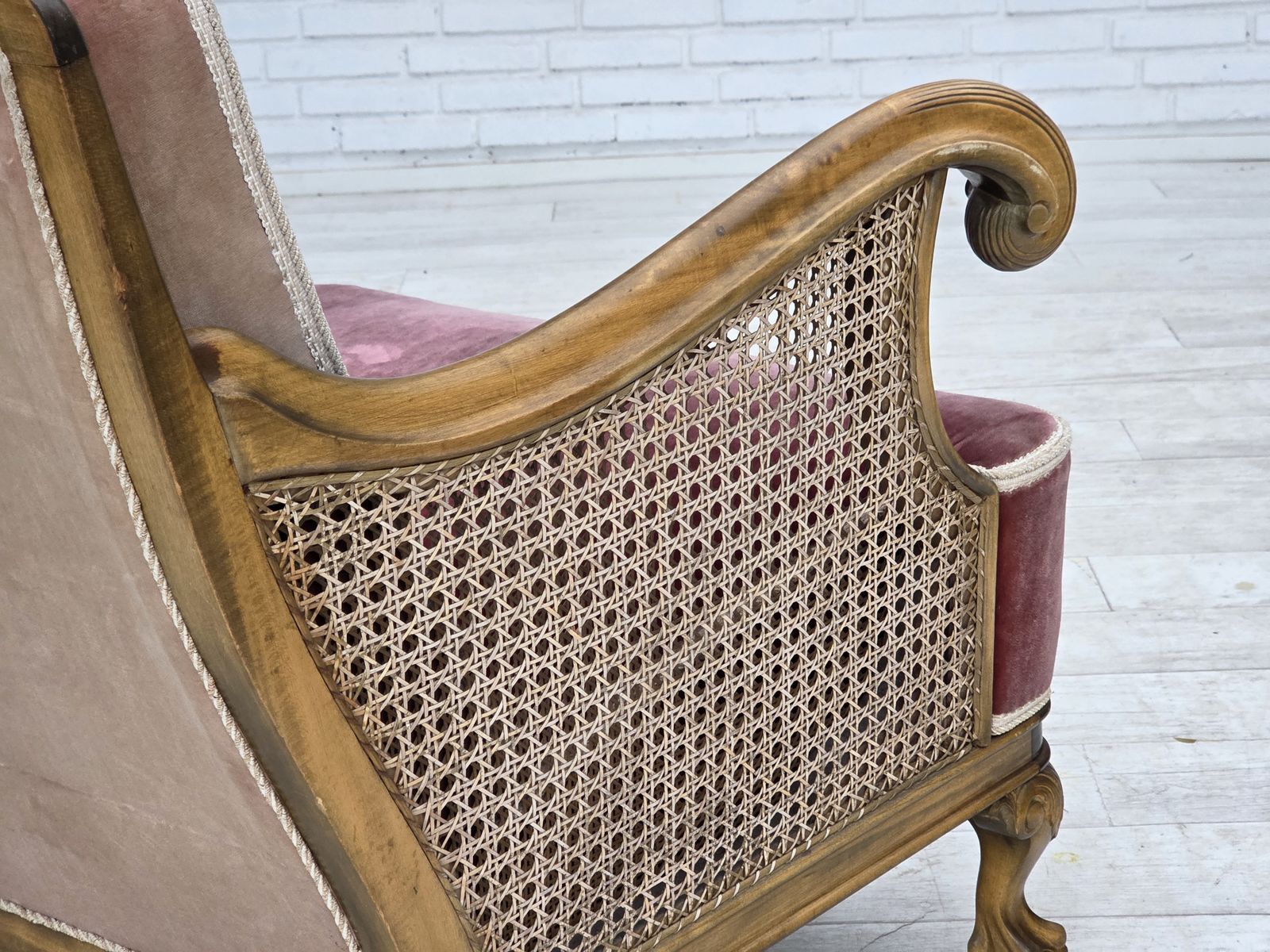 1940s, Danish Armchair, Woven Wool, Velour, Furniture Mesh, Carved Oak Wood. photo buy