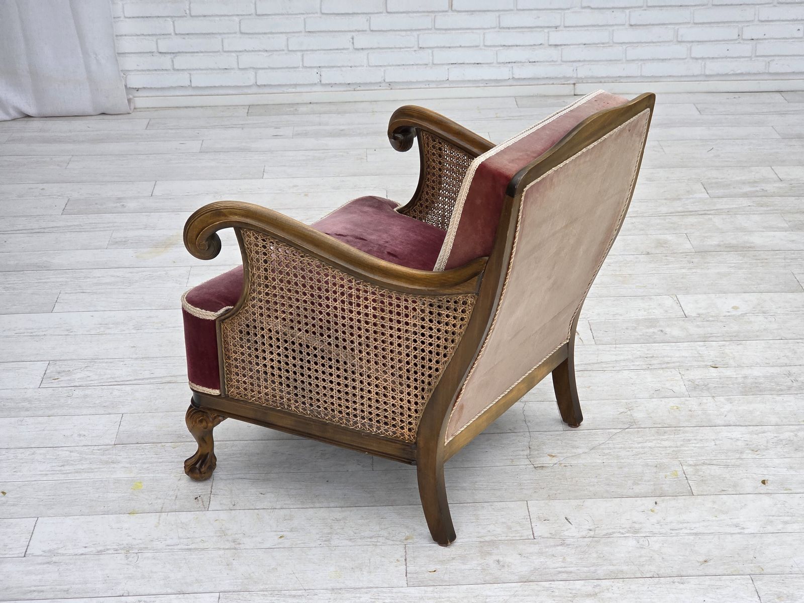 Furniture 1940s, Danish Armchair, Woven Wool, Velour, Furniture Mesh, Carved Oak Wood. photo