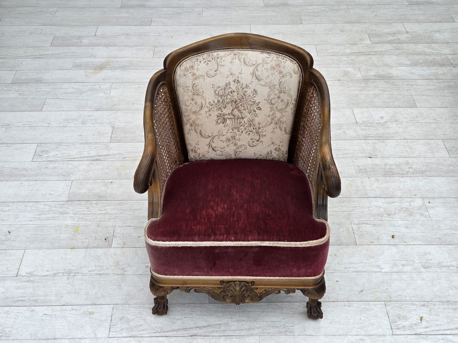 1940s, Danish Armchair, Woven Wool, Velour, Furniture Mesh, Carved Oak Wood. photo buy