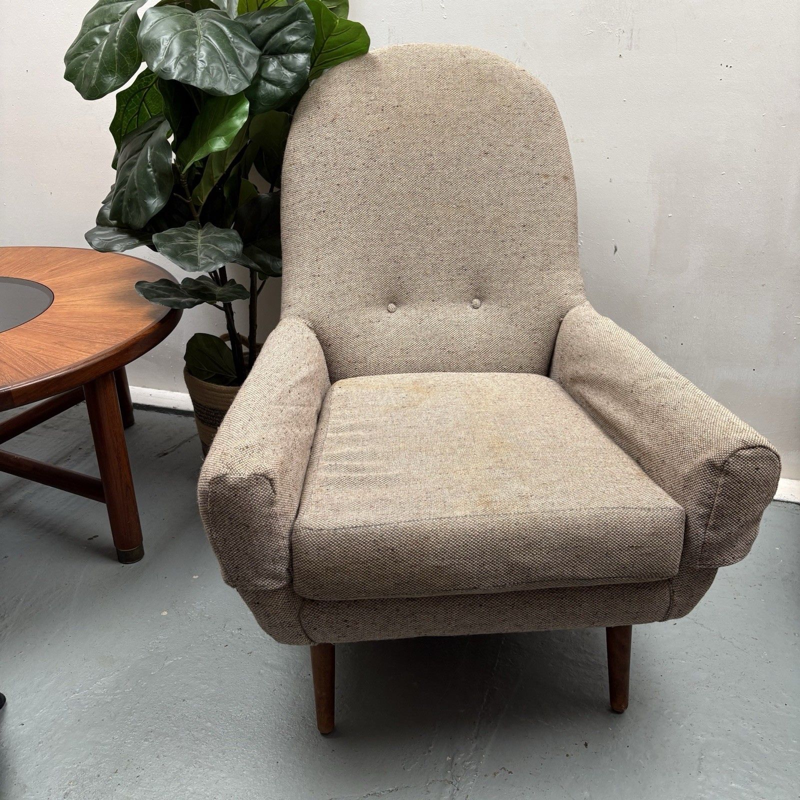 Mid Century Low & Deep Round Back Accent Oatmeal Tweed Upholstery Armchair