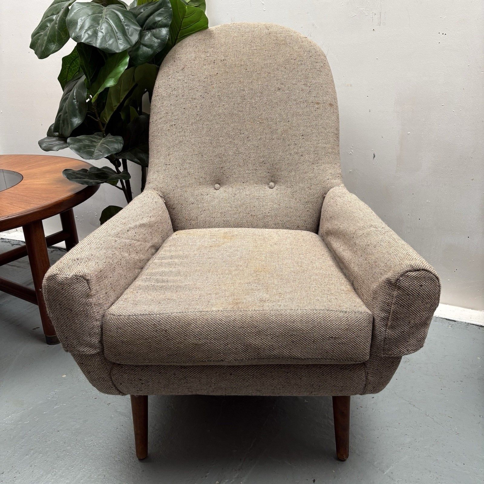 Mid Century Low & Deep Round Back Accent Oatmeal Tweed Upholstery Armchair photo furniture
