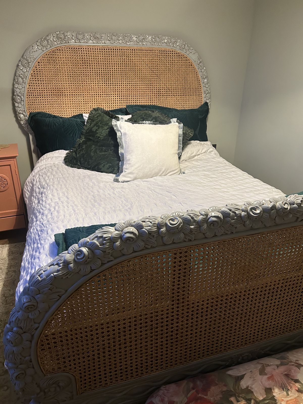 French Rattan Wooden Flower Detail Edging Double Bed Near New Condition.