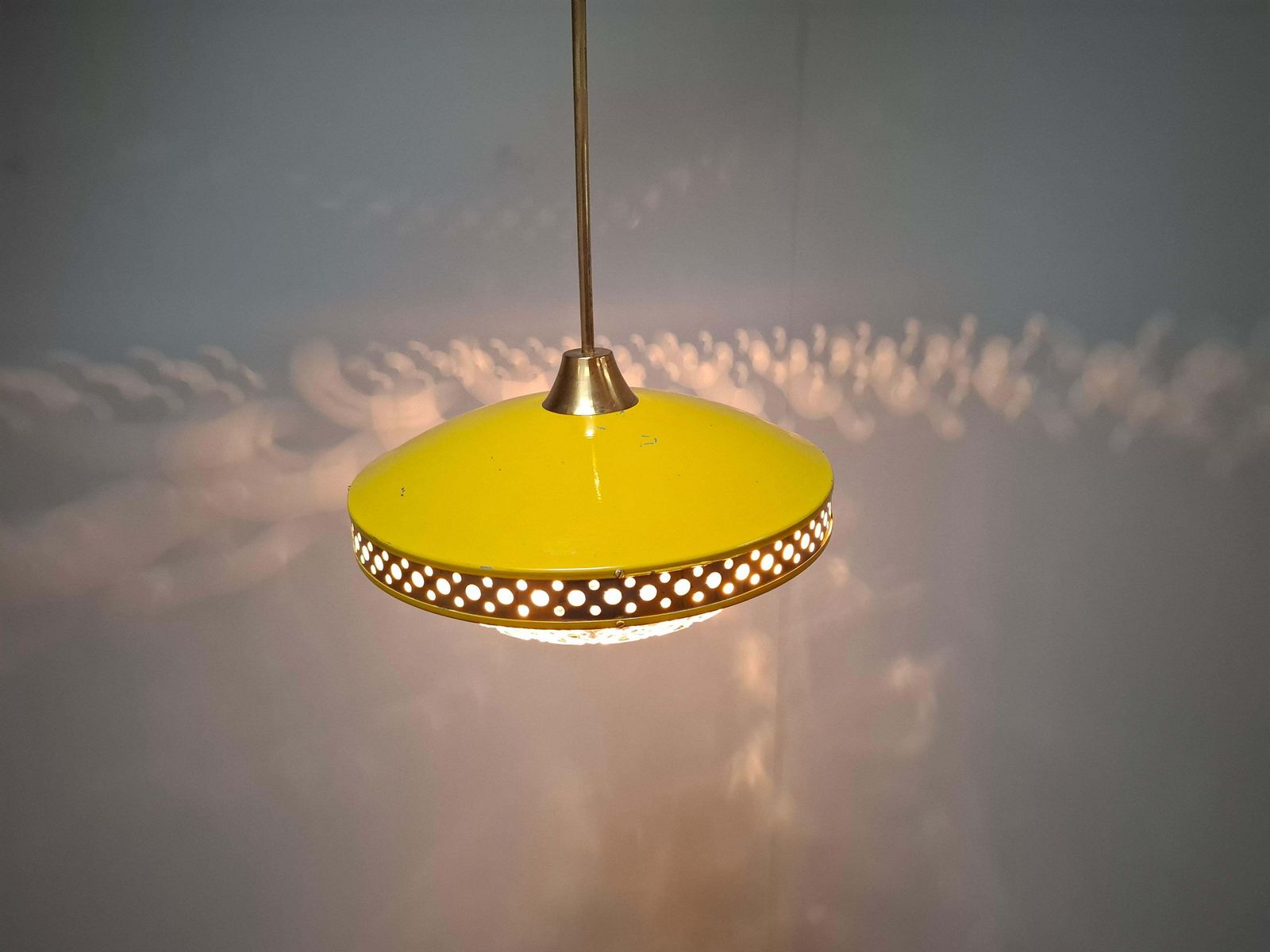 1970s Ludib Mid Century Pendant Lamp In Yellow Metal, Brass And Glass photo vintage