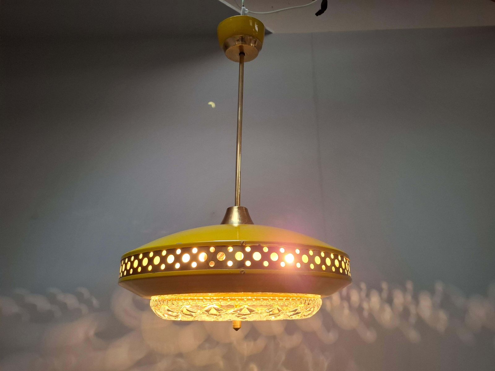 photo for sale 1970s Ludib Mid Century Pendant Lamp In Yellow Metal, Brass And Glass