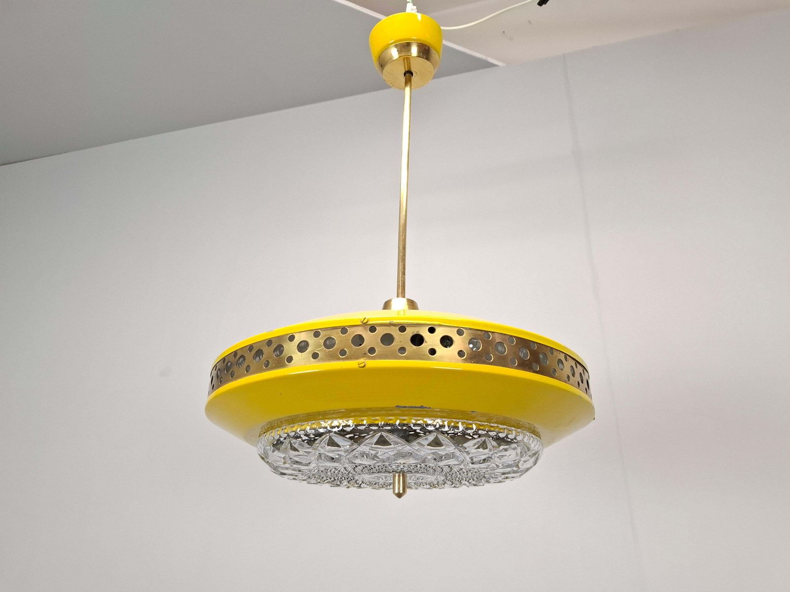 Lighting 1970s Ludib Mid Century Pendant Lamp In Yellow Metal, Brass And Glass photo