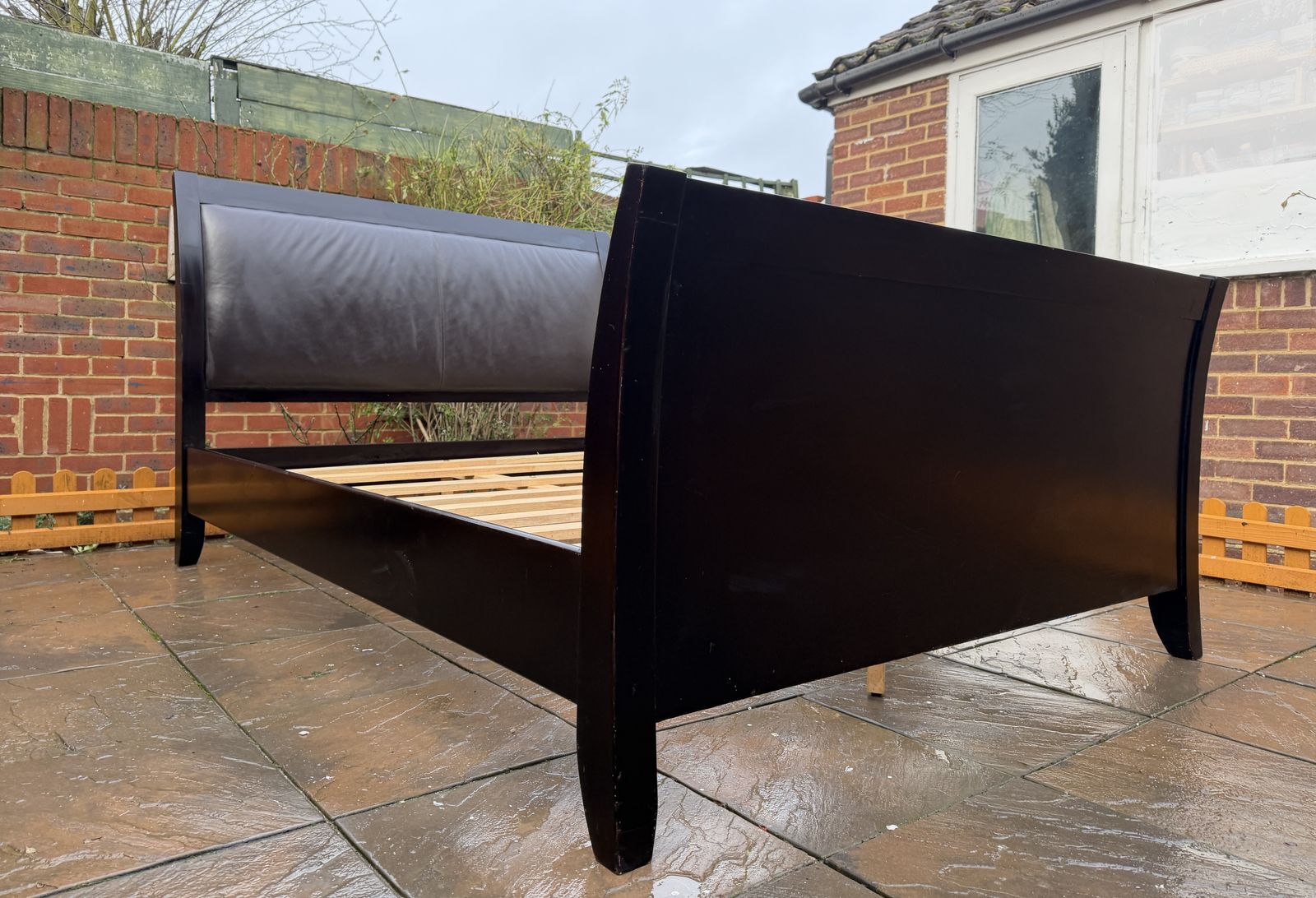 photo buy Stunning Deep Merlot Contemporary Sleigh King Bed Frame With Leatherette Head Board – Very Good Condition