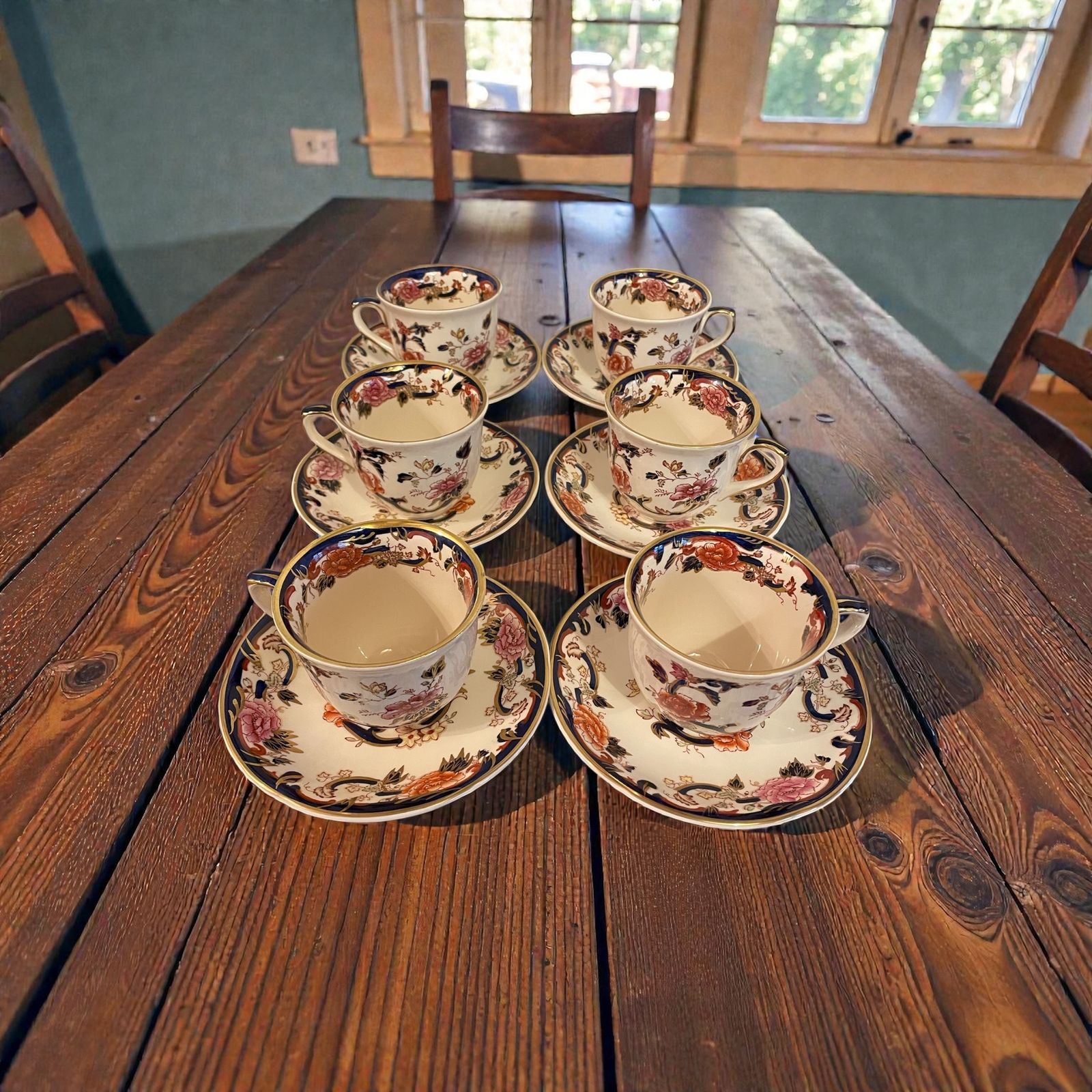Set Of Six Masons Ironstone Blue Mandalay Tea Cup & Saucer   First Quality
