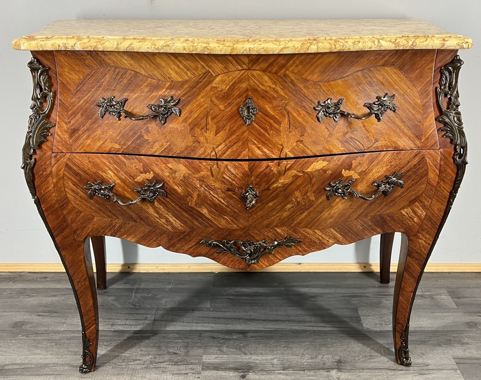 Chest Of Drawers Antique French Bombe Walnut Marble Top Carved Cabinet Lot 4706 photo 799.0